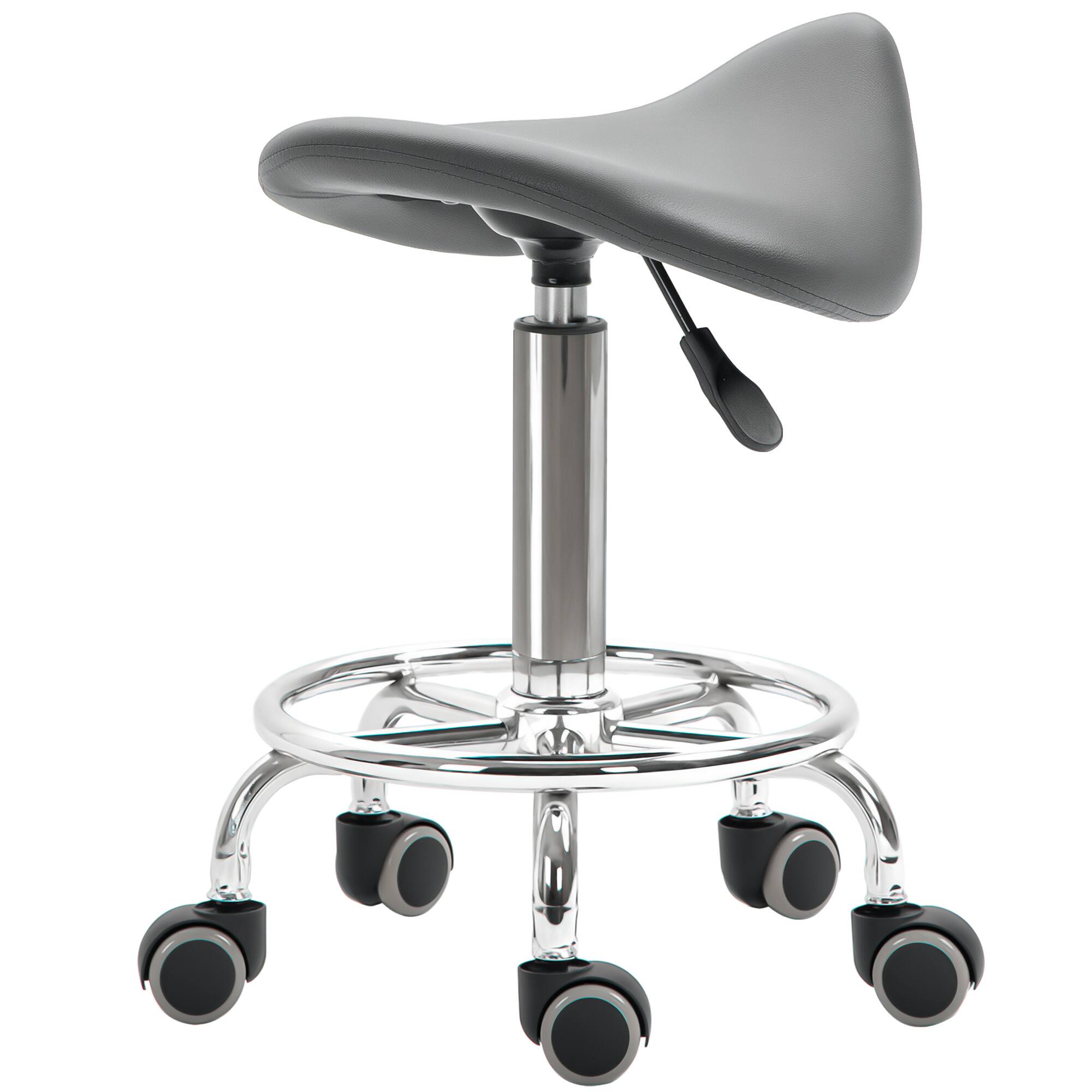 Front. Homcom - Leather Adjustable Stool, Rolling Saddle Stool with Wheels for Massage, Spa, Clinic - Grey.
