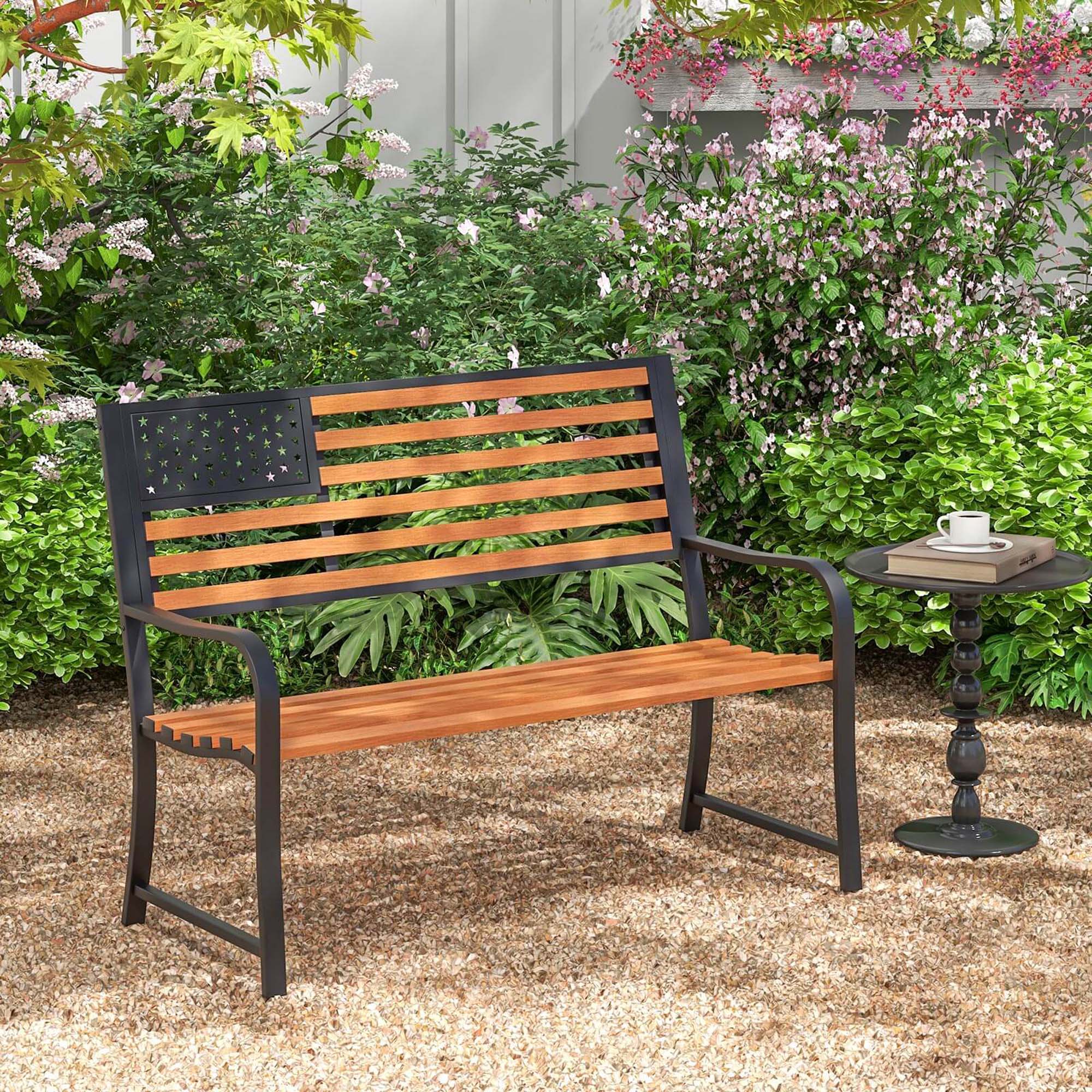 Alt View 3. Costway - Costway 50" Outdoor Garden Bench with Flag Pattern Backrest & Rustic Wood Grain Finish - Brown,Black.