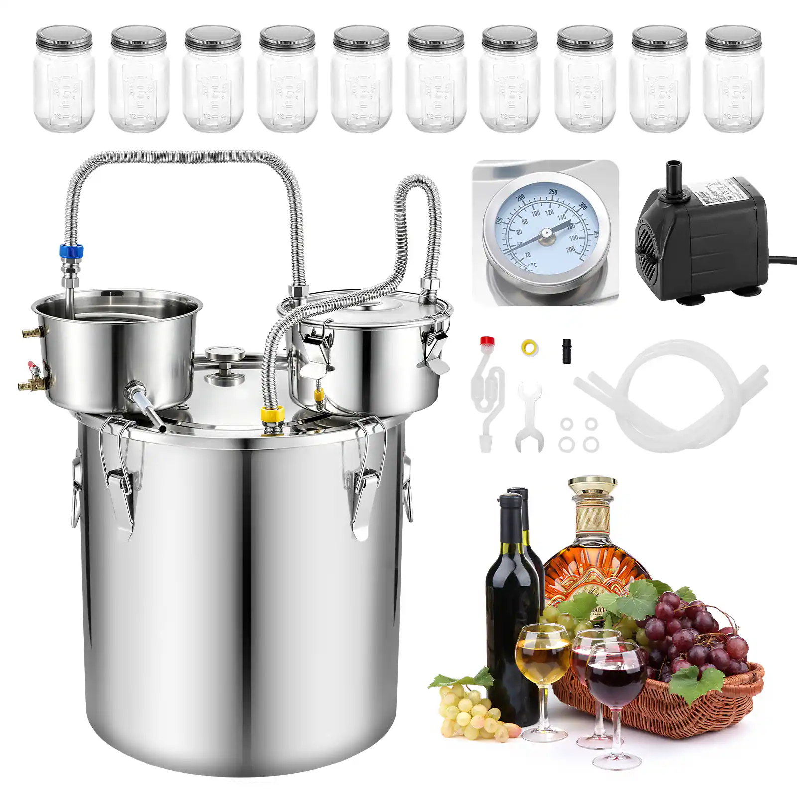 Front. VEVOR - Alcohol Still, 13.2 GAL/ 50L Alcohol Distiller with 10 x 16oz Glass Jars, Thumper Keg, Dual-scale Thermometer - Silver.
