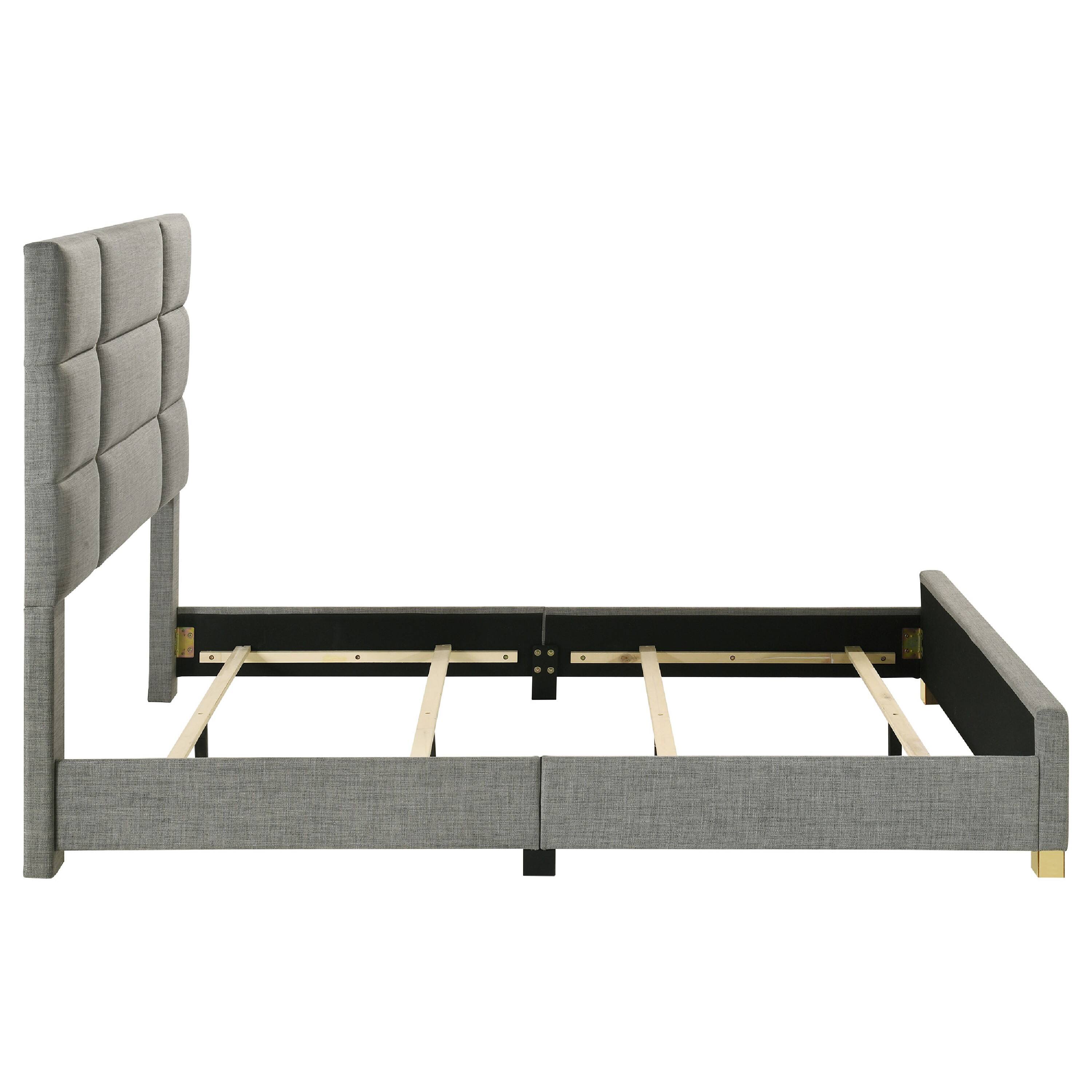 Alt View 2. Manhattan Lane - Orion Queen Panel Bed with Gold Trim, Wood Frame, Gray Chaneled Fabric - Gray, Gold.