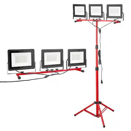 Front. VEVOR - LED Work Light with Stand, 15000 Lumens, Three-Head Portable Camping Light with Individual Switch, 10.83 ft Power Cord - Red.