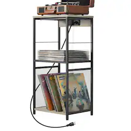 Oumilen - Vinyl Record Player Stand with Charging Station & Storage Shelves - Gray