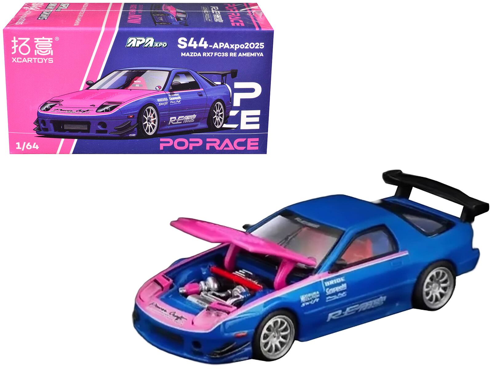 Sure, here is the corrected and grouped text from the image:

---

**Box:**

- S44-APAxp02025
- MAZDA RX7 FC3S RE AMEMIYA
- XCAR TOYS
- APA xpo
- POP RACE
- 1/64

**Car:**

- APA xpo
- POP RACE
- R-EX
- MAZDA RX7 FC3S RE AMEMIYA
- 1/64

---

This text is grouped based on its appearance on the box and the car itself.
