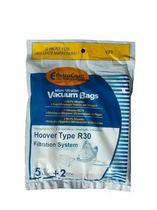 A MUST FOR ALLERGY SUFFERERS!!
323 EnviroCore TECHNOLOGIES Micro Filtration Vacuum Bags
99.7% Filtration Traps Microscopic Particles and Allergens
Filtración 99,7% Partículas y Alergénicos Microscópicos de Piges
Filtración Partículas Alergénicos Microscópicos de los Desvios
Designed to Fit: Concus Pour: Diseñado a Medida: Hoover Type R30 Filtration System
BAGS 5 EACC +2 2 BOLSAS + Filter