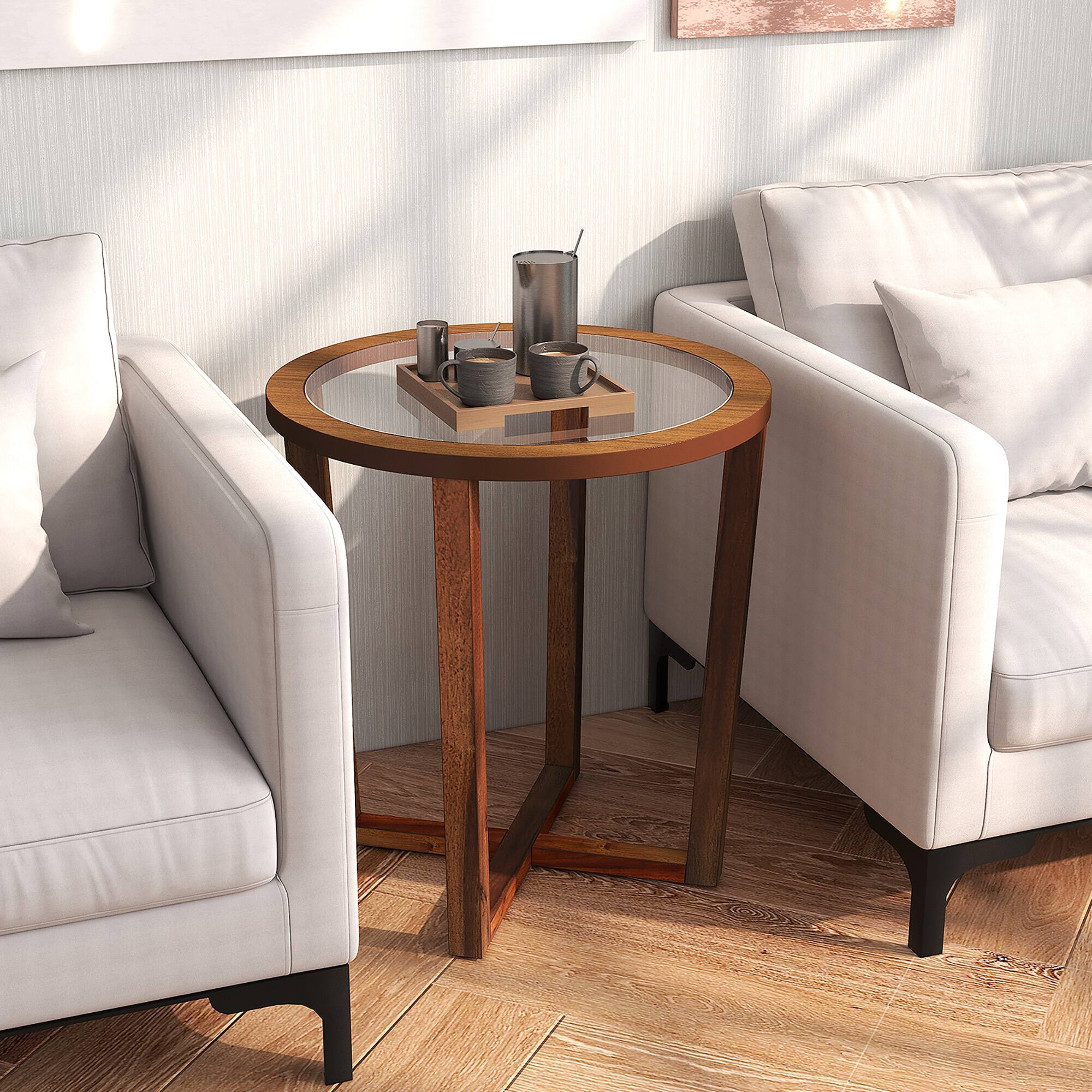 Alt View 3. Gymax - Gymax Modern Round End Table w/ Transparent Tempered Glass Top Solid Acacia Wood Legs - Brown.
