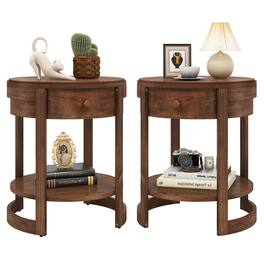 Gymax - 2PCS Nightstand w/ Shelf & Wood Grains Drawer Round End Table for Living Room - Brown