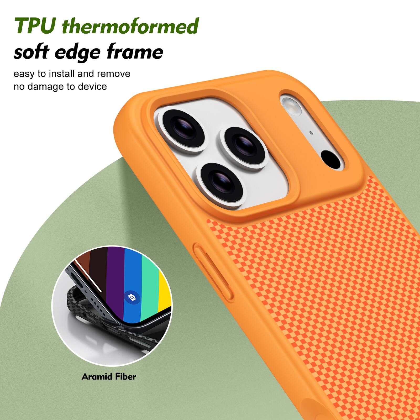 TPU thermoformed soft edge frame easy to install and remove no damage to device

Aramid Fiber