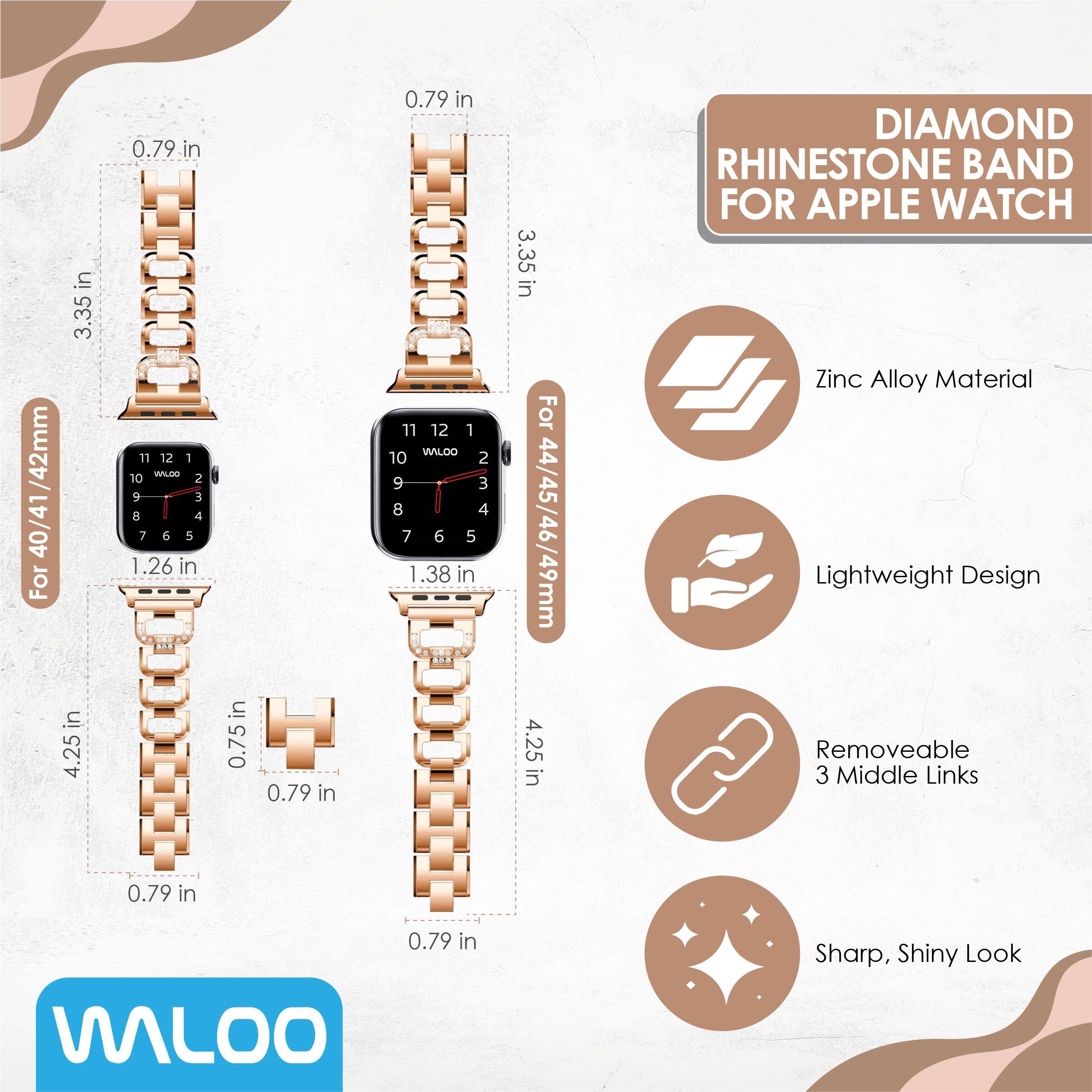 40/41/42mm For 3.35 in 4.25 in 0.79 in 11 12 1 WILLOO 10 2 9 3 8 4 7 6 5 1.26 in 0.79 in in 0.75 0.79 in 0.79 in 11 12 1 WILLOO 10 2 9 3 8 4 7 6 5 1.38 in 3.35 in For 44/45/46/49mm 4.25 in DIAMOND RHINESTONE BAND FOR APPLE WATCH Zinc Alloy Material Lightweight Design Removeable 2 3 Middle Links 0.79 in WILLOO Sharp, Shiny Look