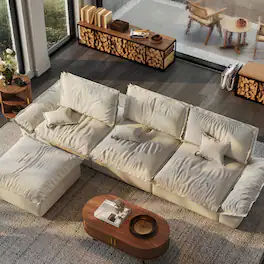 POVISON - 141.73" Sailboat Deep Sofa Stain Resistant Cozy Couch with Ottoman - Beige Suede Fabric