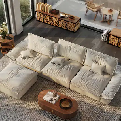 Front. POVISON - 141.73" Sailboat Deep Sofa Stain Resistant Cozy Couch with Ottoman - Beige Suede Fabric.