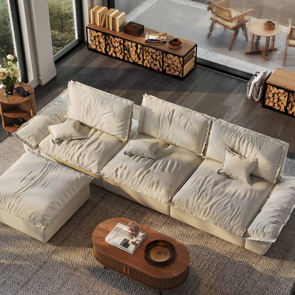 Front. POVISON - 141.73" Sailboat Deep Sofa Stain Resistant Cozy Couch with Ottoman - Beige Suede Fabric.