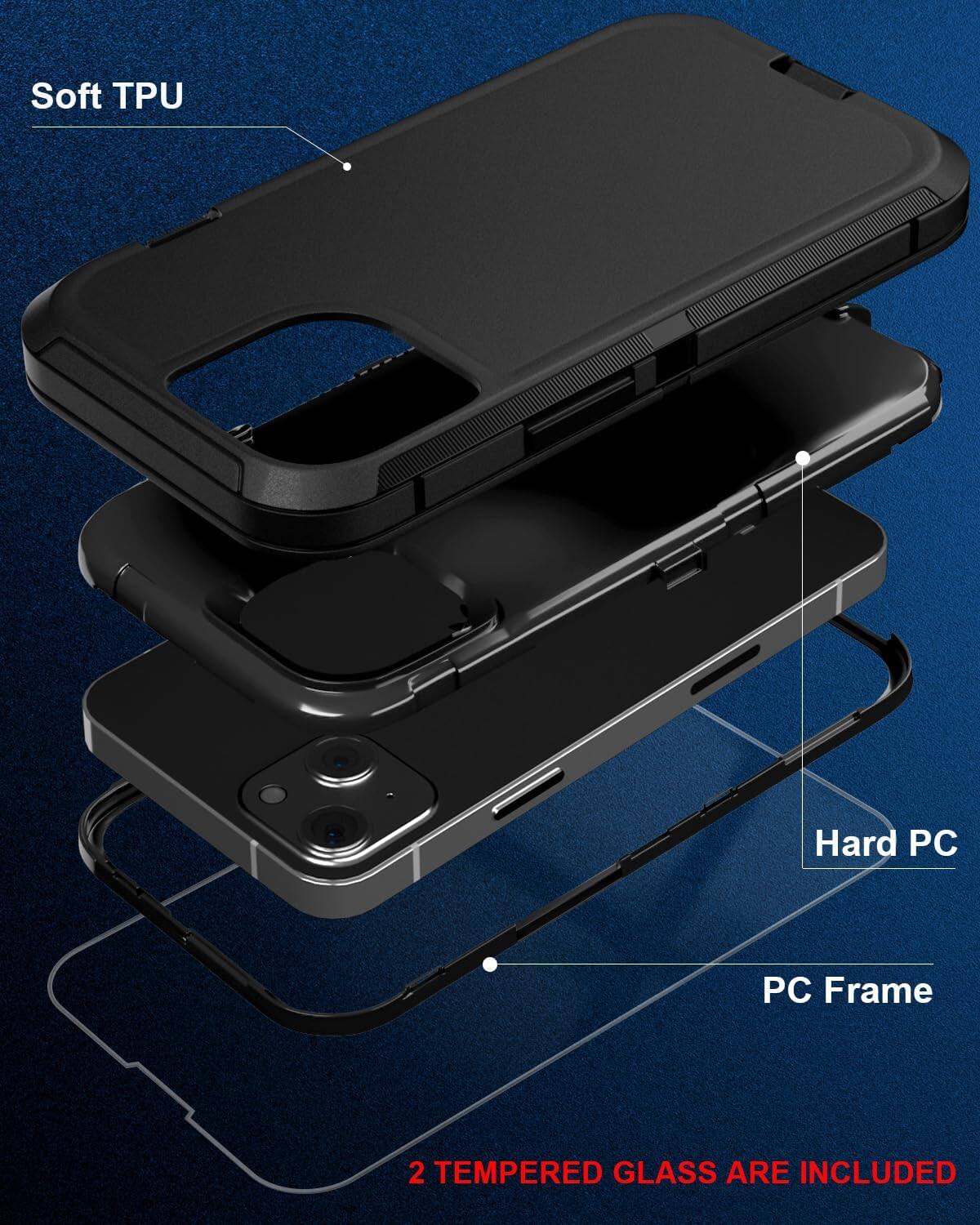Soft TPU, Hard PC, PC Frame, 2 TEMPERED GLASS ARE INCLUDED