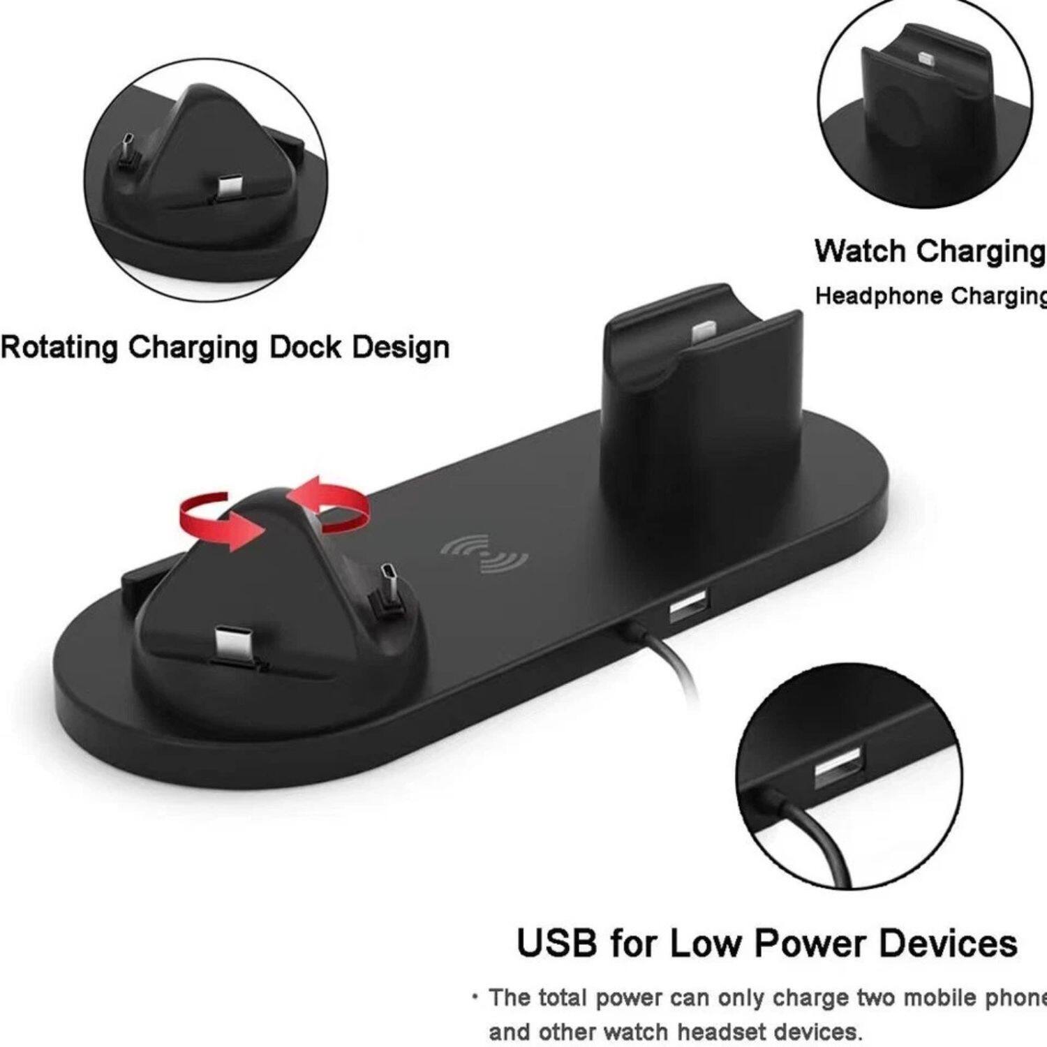 Rotating Charging Dock Design

Watch Charging
Headphone Charging

USB for Low Power Devices
The total power can only charge two mobile phone and other watch headset devices.