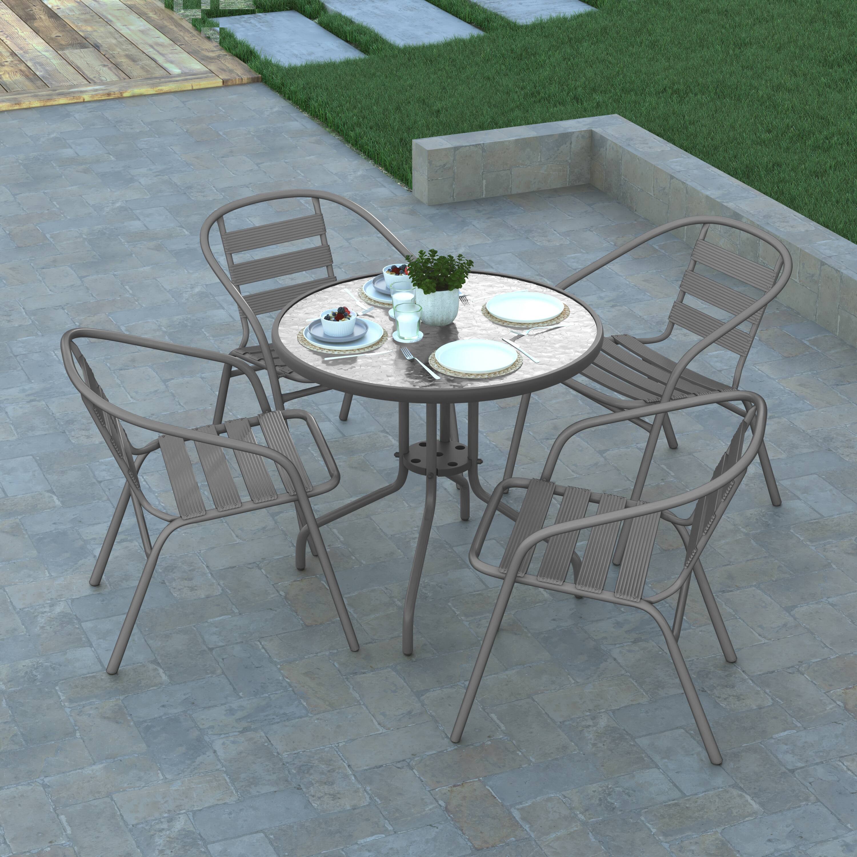 Alt View 4. Emma + Oliver - Rhea 31.5'' Round Glass Top Metal Table with 4 Aluminum Slat Stack Chairs - Silver.