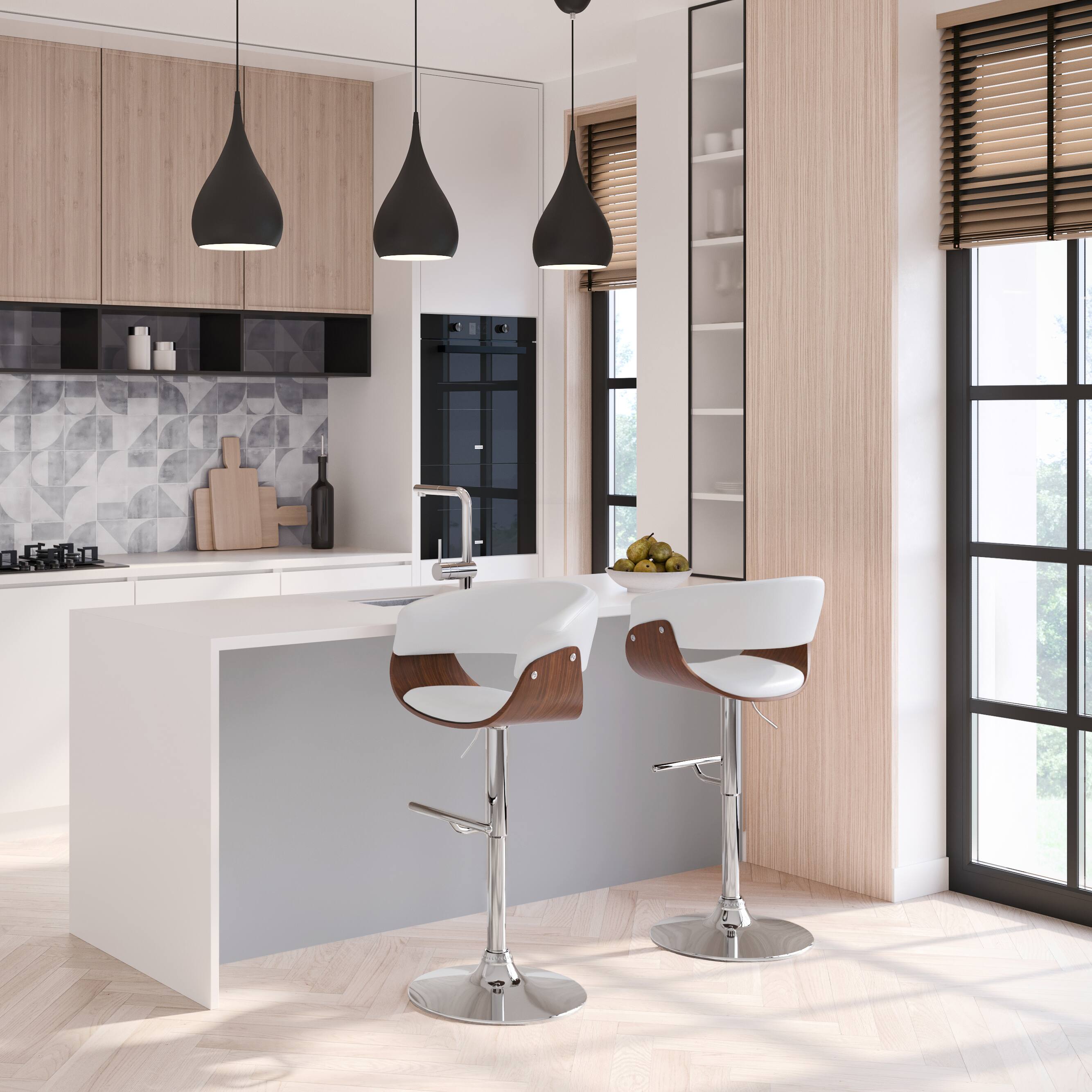 Angle. Simpli Home - Sheldon Mid Century Modern 34 inch Adjustable Swivel Bar Stool in White Vegan Faux Leather - White.