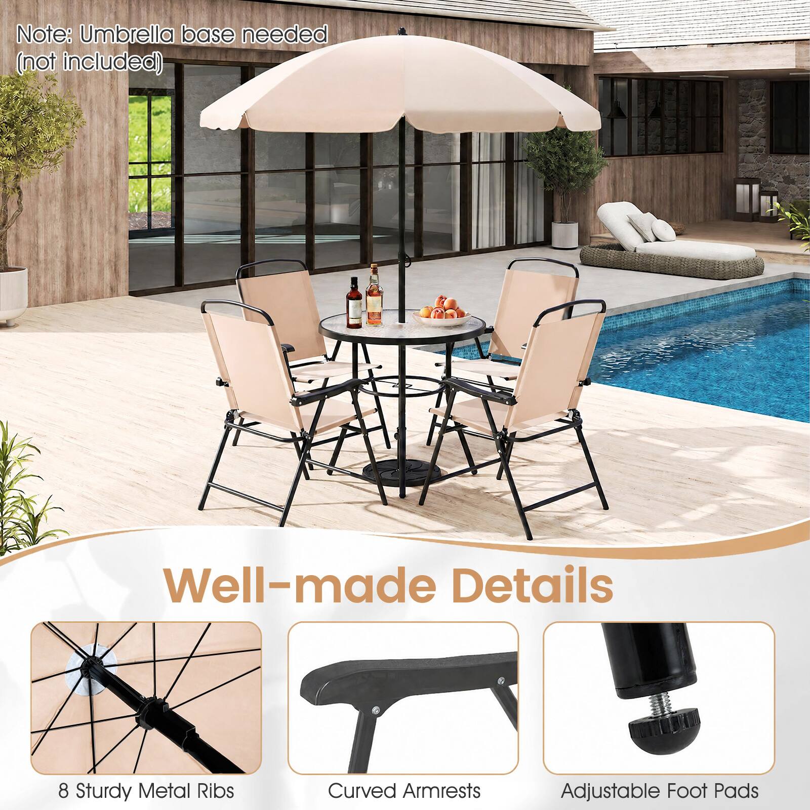 Note: Umbrella base needed (not included)

Well-made Details

8 Sturdy Metal Ribs

Curved Armrests

Adjustable Foot Pads
