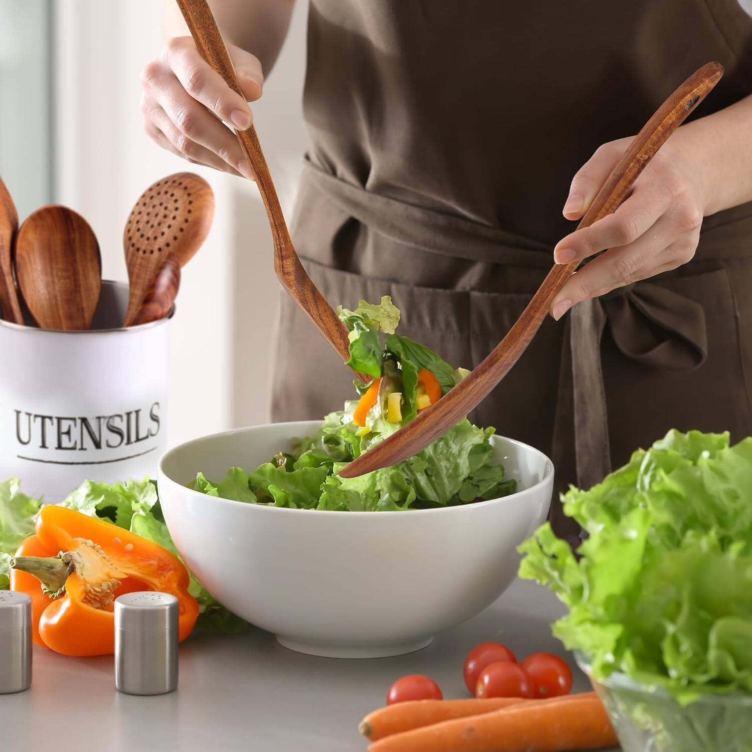 Angle. Zulay Kitchen - Zulay Kitchen 6-Piece Wooden Cooking Spoons Set with Comfort Grip - Brown.