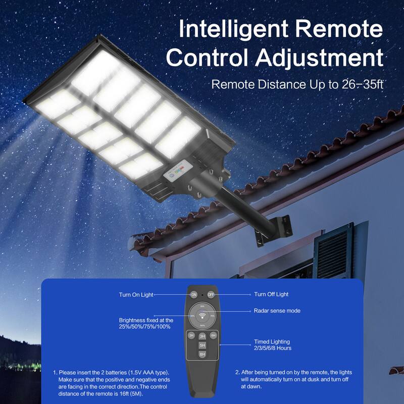 Intelligent Remote Control Adjustment  
Remote Distance Up to 26-35ft  

Turn On Light  
Brightness fixed at the 25%/50%/75%/100%  
Radar sense mode  
Timed Lighting 2/3/5/6/8 Hours  

1. Please insert the 2 batteries (1.5V AAA type). Make sure that the positive and negative ends are facing in the correct direction. The control distance of the remote is 16ft (5M).  
2. After being turned on by the remote, the lights will automatically turn on at dusk and turn off at dawn.