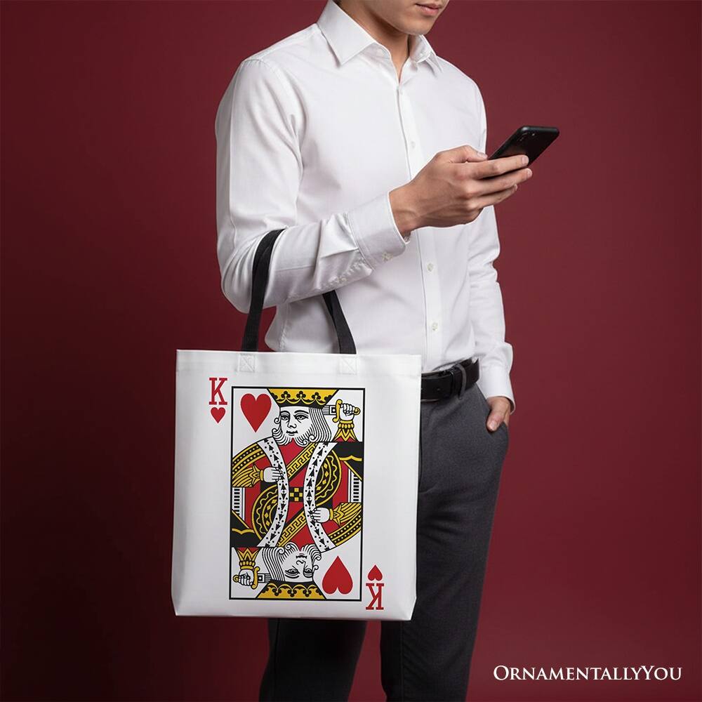 Left. OrnamentallyYou - King of Hearts Card Canvas Tote Bag, Classic Retro Love Valentine Gift Bag - White Black.