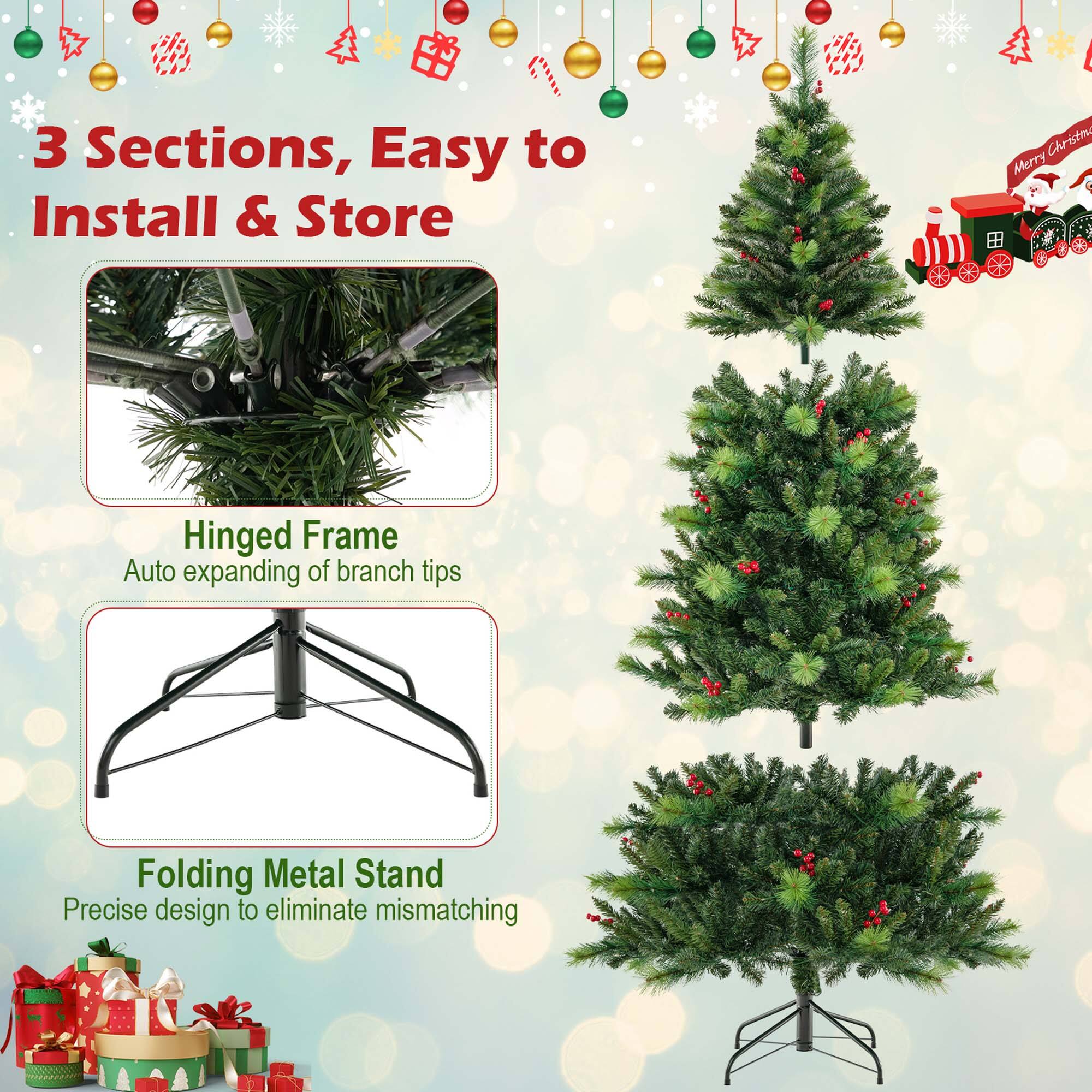 3 Sections, Easy to Install & Store Christmas Tree: Hinged Frame, Auto expanding of branch tips, Folding Metal Stand, Precise design to eliminate mismatching.