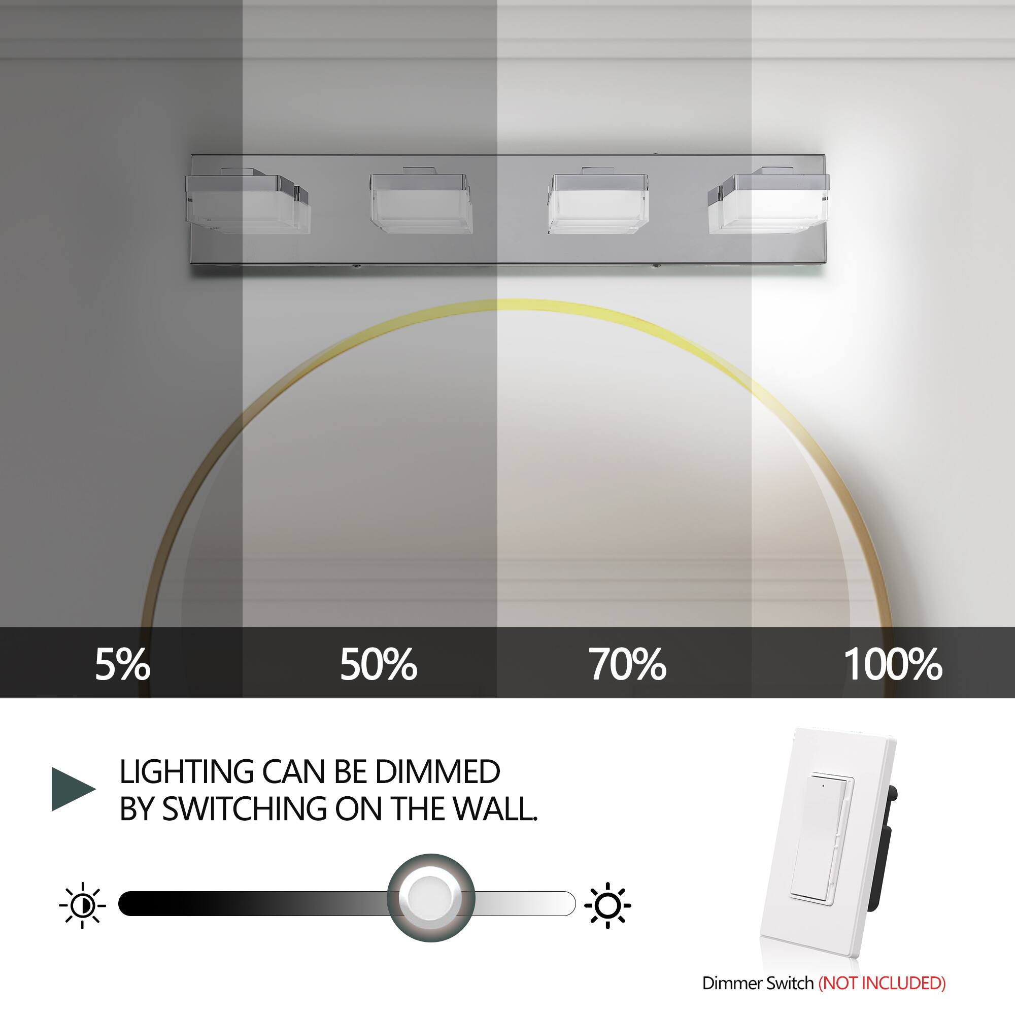 5% 50% 70% 100%  
LIGHTING CAN BE DIMMED BY SWITCHING ON THE WALL.  
Dimmer Switch (NOT INCLUDED)