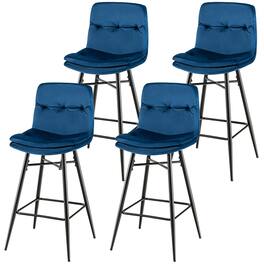 Gymax - 4 PCS Velvet Bar Stools Bar Height Dining Chairs w/ Metal Legs Kitchen - Blue