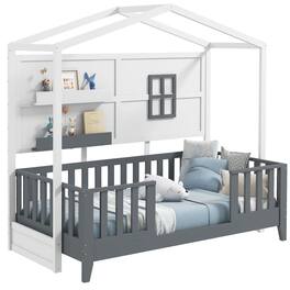 Costway - Twin Size Kids House Bed with Fence Window Wooden Slats & 2 Storage Shelves - White,Gray