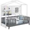 Costway - Twin Size Kids House Bed with Fence Window Wooden Slats & 2 Storage Shelves - White,Gray