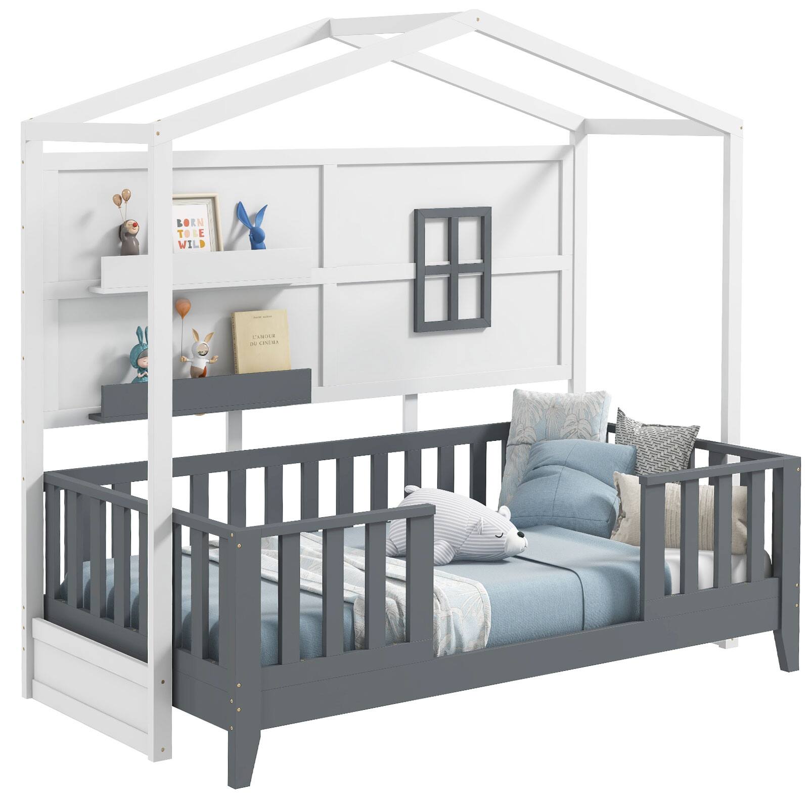 Costway - Twin Size Kids House Bed with Fence Window Wooden Slats & 2 Storage Shelves - White,Gray