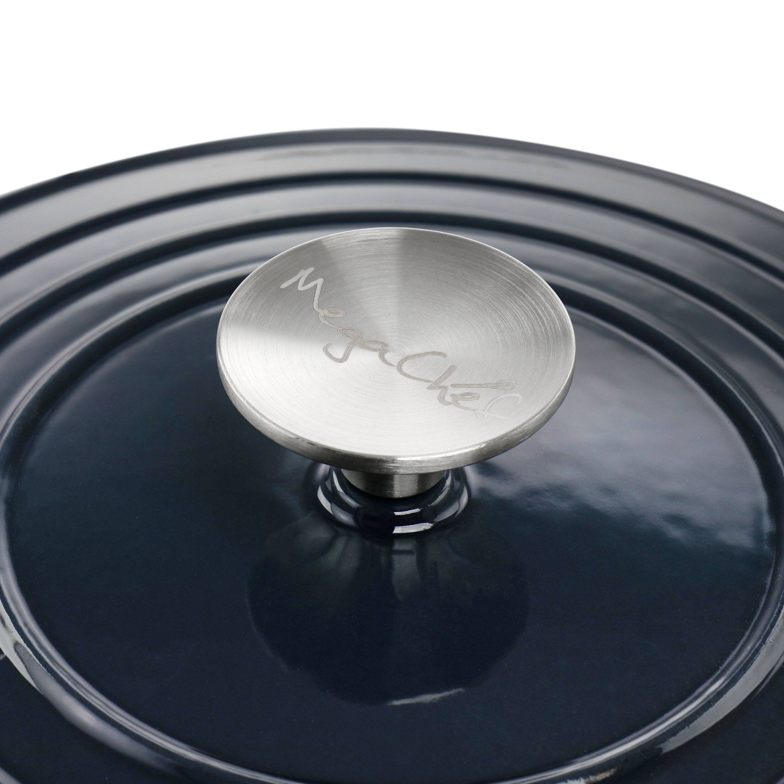 Alt View 4. MegaChef - MegaChef 2 Quart Round Enameled Cast Iron Braiser Pan in Dark Blue - Dark Blue.
