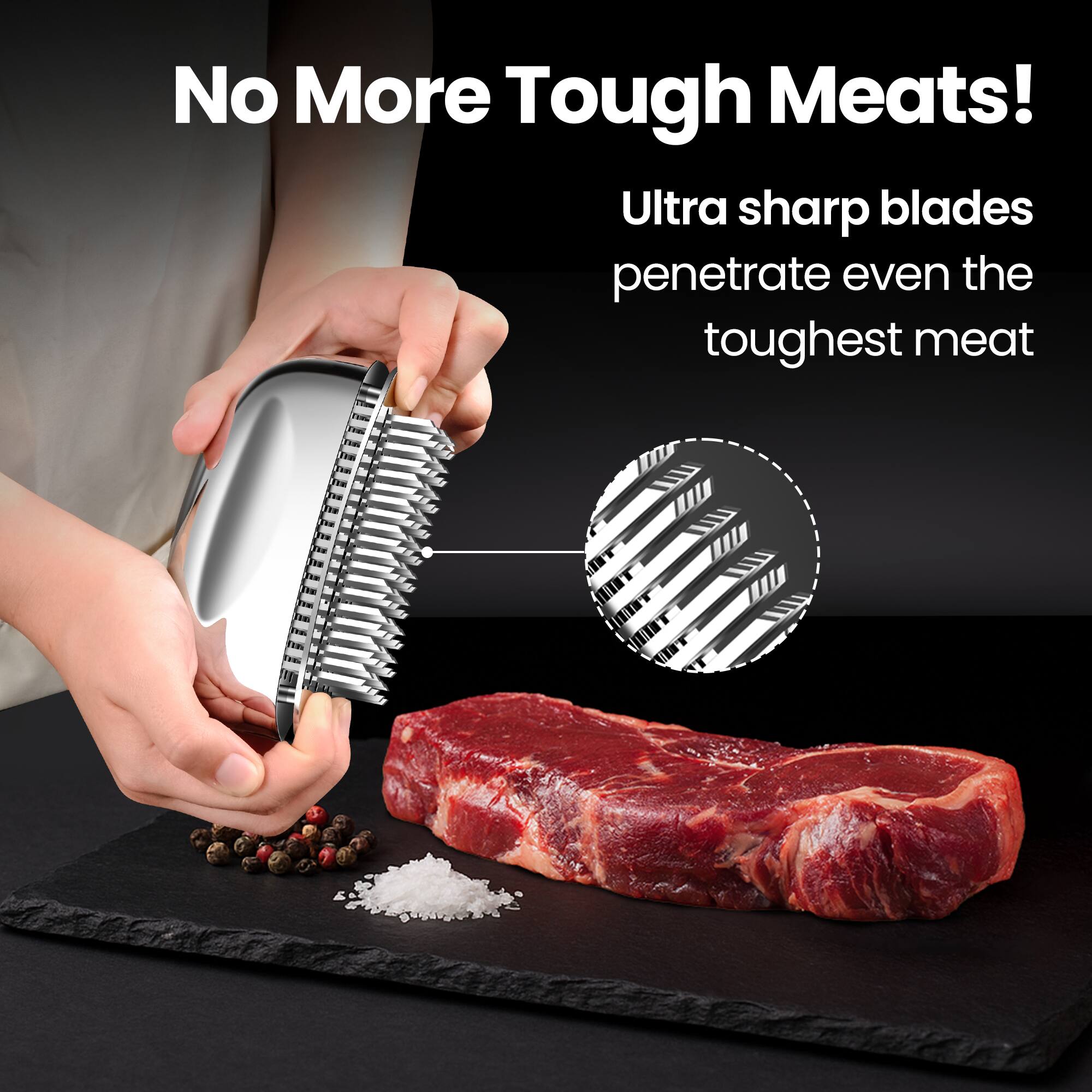 Left. Gourmet Easy - Meat Tenderizer Tool, Ultra Sharp Needle Blades 100% Stainless-Steel, Heavy-Duty Kitchen Gadgets - Stainless Steel.