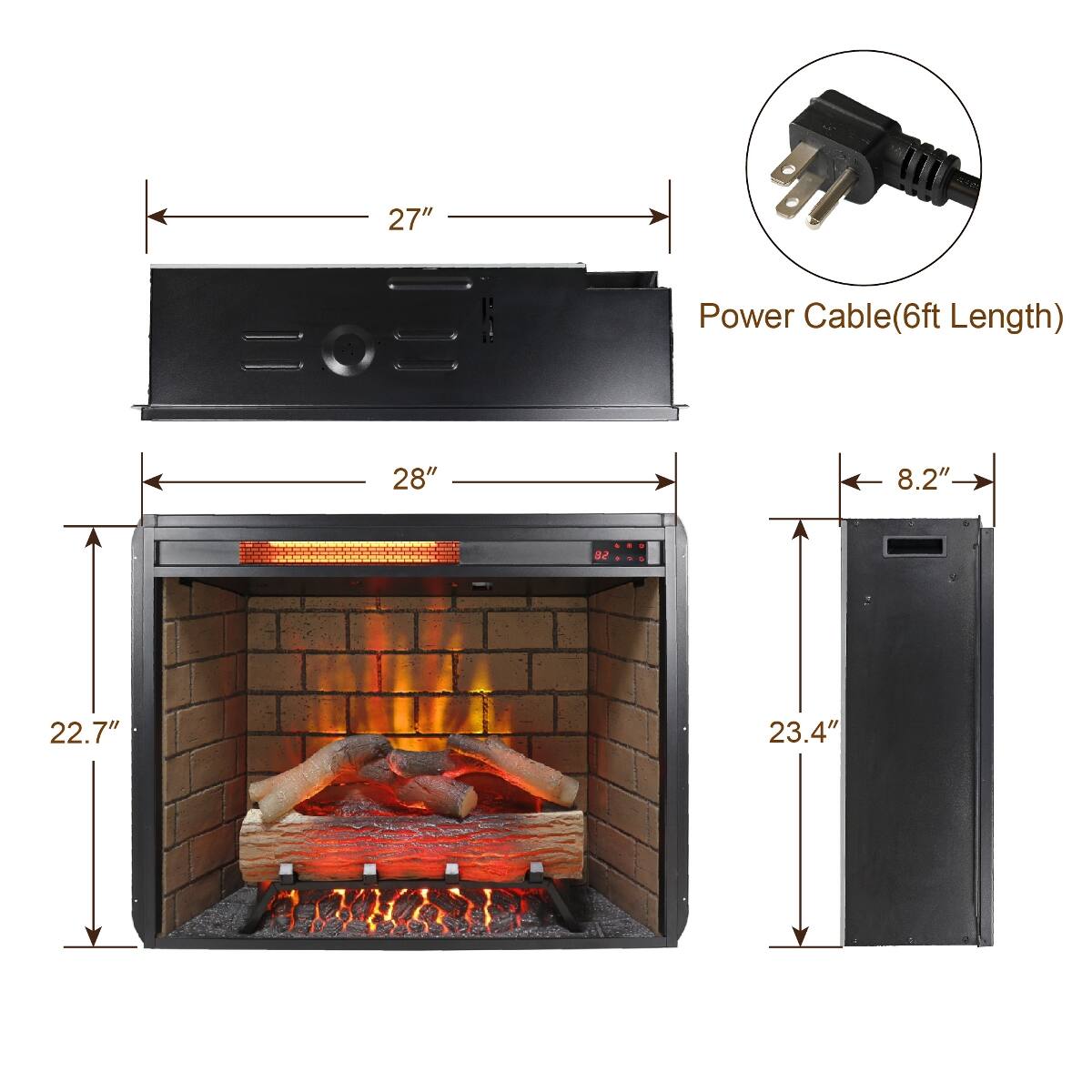27"  
Power Cable (6ft Length)  
28"  
8.2"  
22.7"  
23.4"