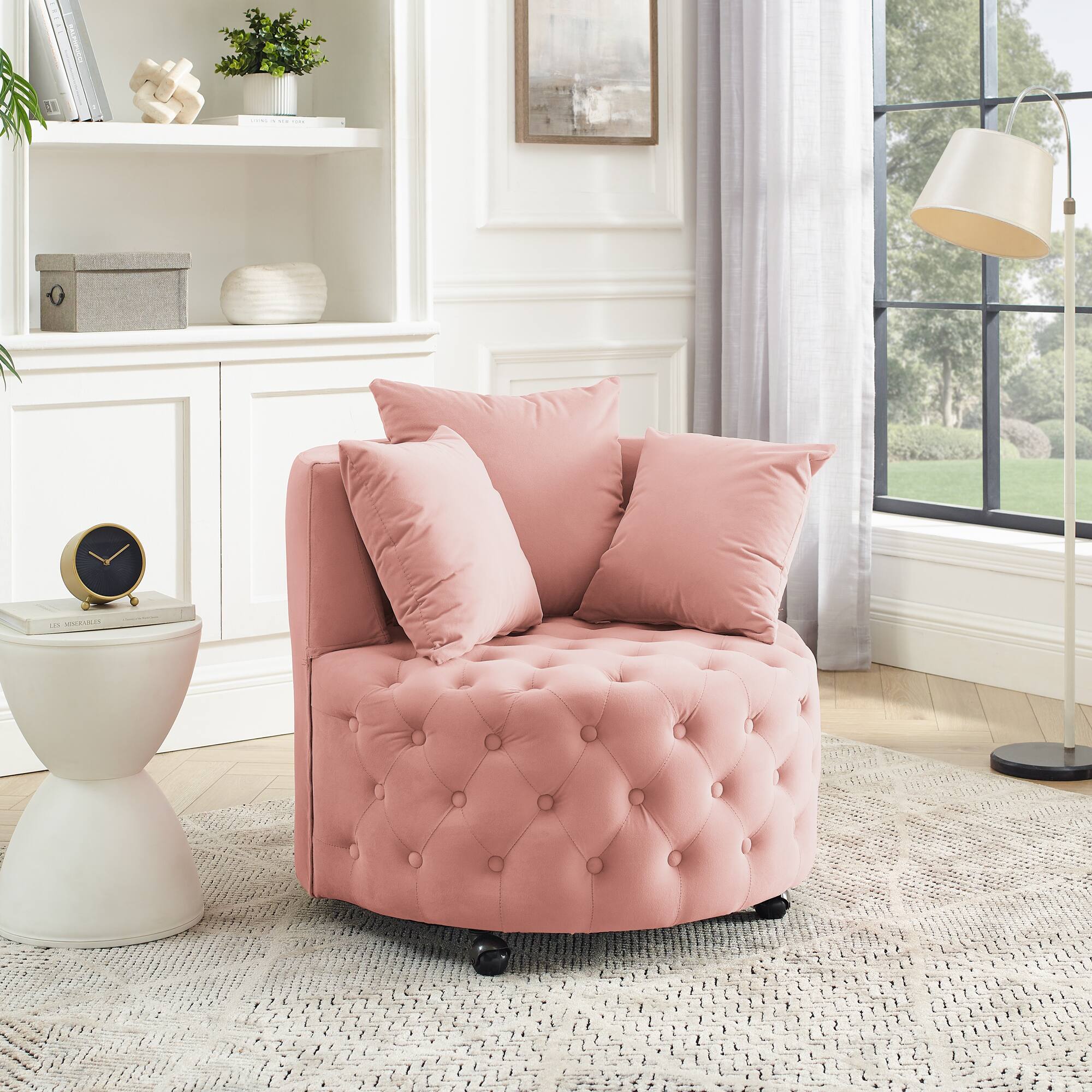 Angle. Trinkets Crazed - Velvet Upholstered Swivel Chair for Living Room, with Button Tufted Design and Movable Wheels, Including 3 Pillows - Pink.