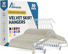 Lifemaster - Velvet Skirt Hangers – Adjustable Clips, Swivel Hook, Non-Slip Notch, Holds 10 lbs, Pack of 50 - Ivory