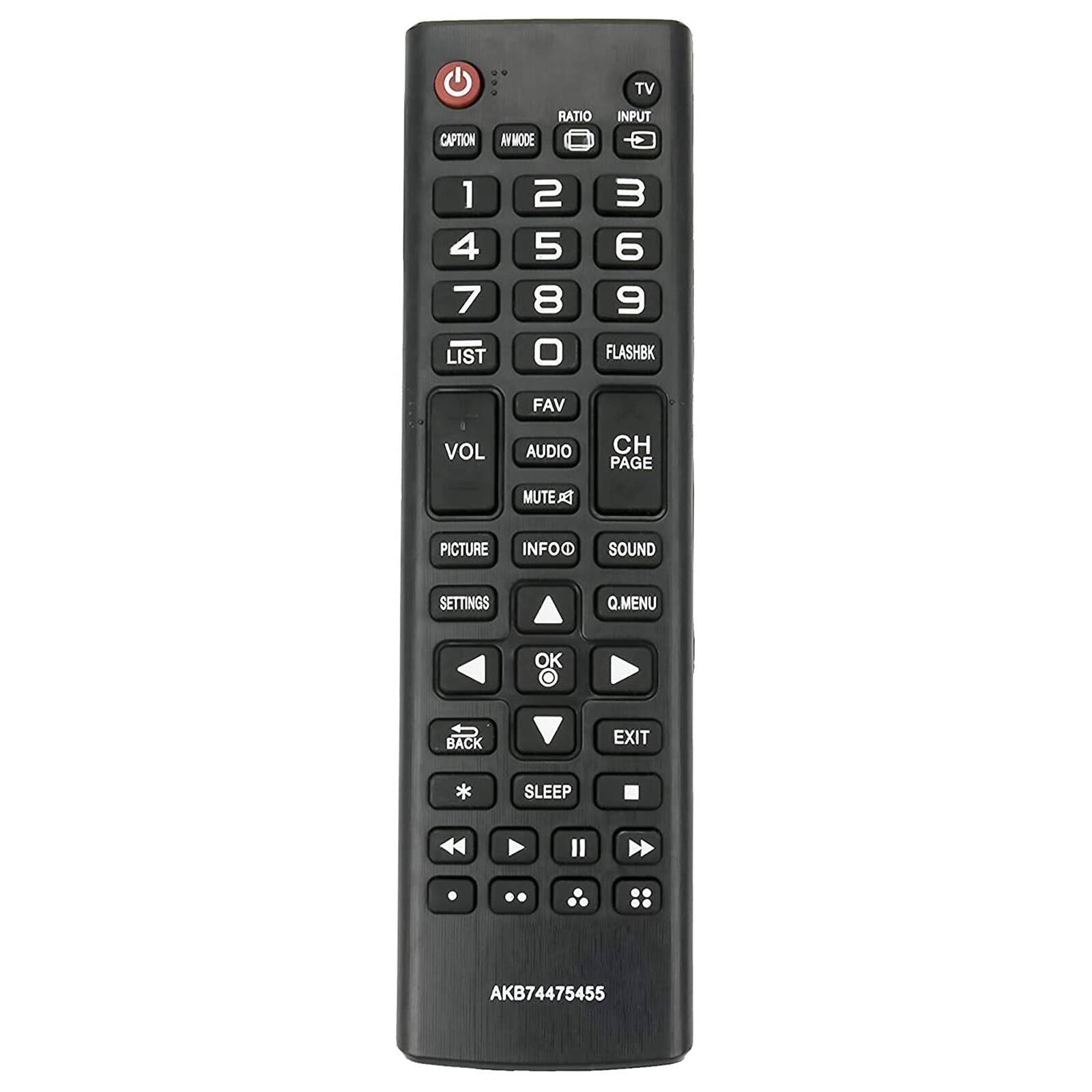 TV CAPTION AV MODE RATIO INPUT 1 2 3 4 5 6 7 8 9 0 LIST FAV FLASHBK VOL AUDIO CH PAGE MUTE PICTURE INFO SOUND SETTINGS Q.MENU OK BACK EXIT SLEEP AKB74475455
