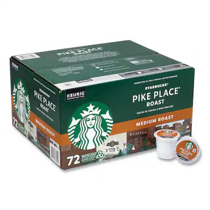 Sure, here is the corrected and grouped text from the image:
---
**STARBUCKS®**
**PIKE PLACE ROAST**
**MEDIUM ROAST**
**NOTES OF COCOA & RICH PRALINE**
**KEURIG®**
**GENUINE K-CUP PODS**
**72**
**RECYCLABLE K-CUP PODS**
**COMMITTED TO 100% ETHICAL COFFEE SOURCING**
**PIKE PLACE ROAST**
**MEDIUM ROAST**
**NOTES OF COCOA & RICH PRALINE**
**KEURIG®**
**GENUINE K-CUP PODS**
**72**
**RECYCLABLE K-CUP PODS**
**PIKE PLACE ROAST**
**MEDIUM ROAST**
**NOTES OF COCOA & RICH PRALINE**
**KEURIG®**
**GENUINE K-CUP PODS**
**72**
**RECYCLABLE K-CUP PODS**
**PIKE PLACE ROAST**
**MEDIUM ROAST**
**NOTES OF CO