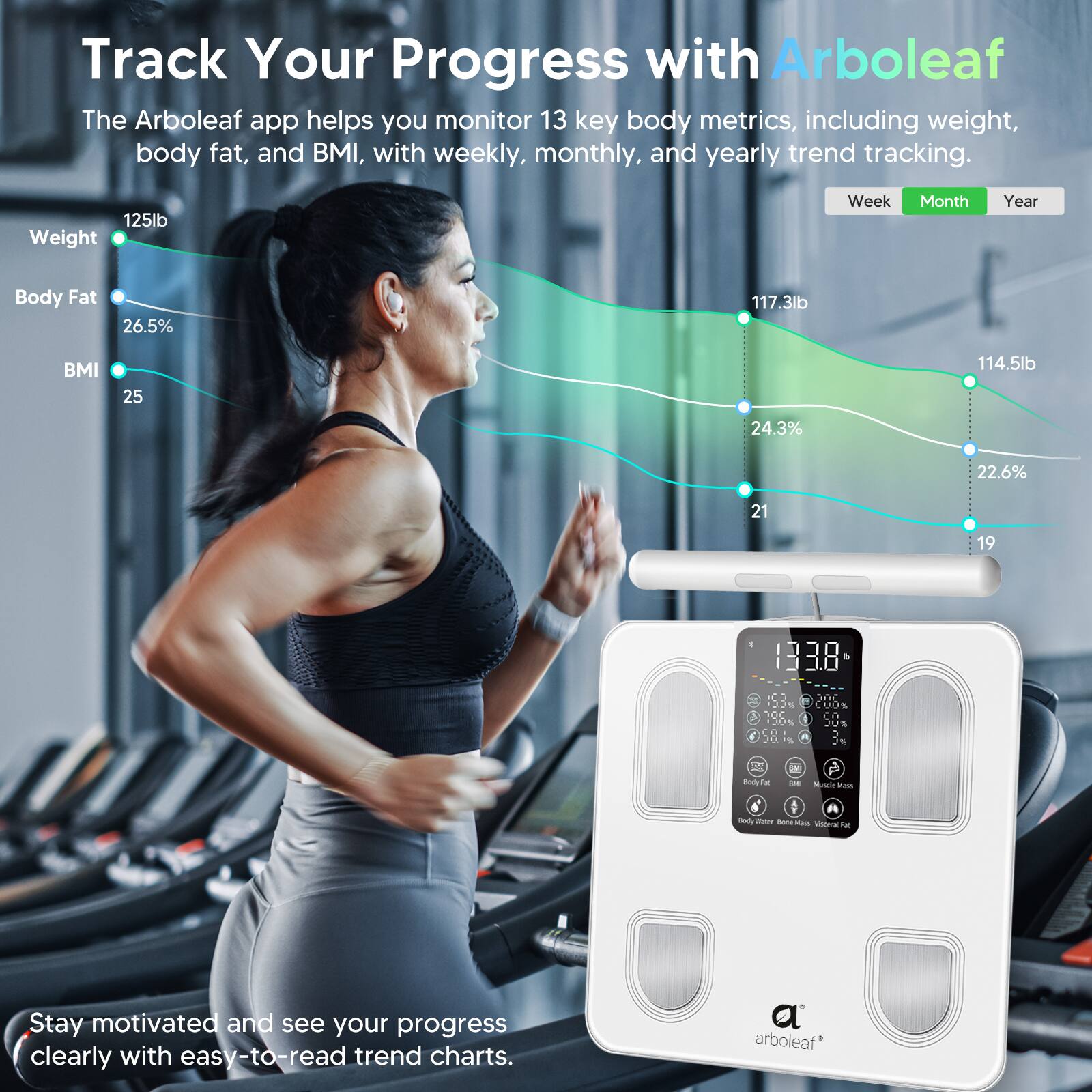 Track Your Progress with Arboleaf

The Arboleaf app helps you monitor 13 key body metrics, including weight, body fat, and BMI, with weekly, monthly, and yearly trend tracking.

Weight: 125lb → 117.3lb → 114.5lb
Body Fat: 26.5% → 24.3% → 22.6%
BMI: 25 → 21 → 19

Stay motivated and see your progress clearly with easy-to-read trend charts.