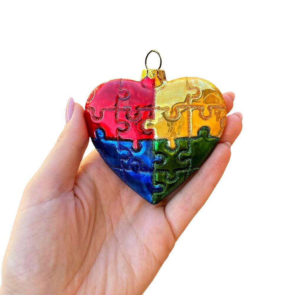 Back. OrnamentallyYou - Sentimental Autism Heart Puzzle Glass Christmas Ornament Autistic Child Parent Gift - Multi-colored.