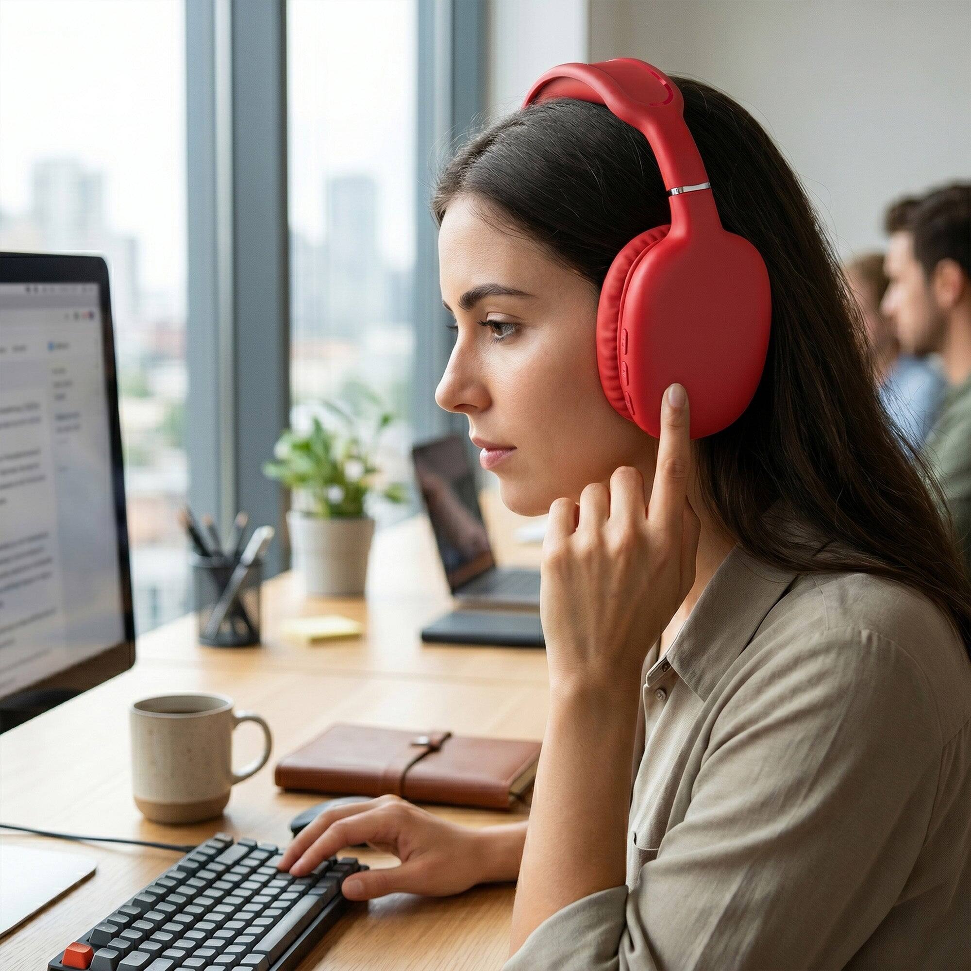 Back. iBasics - Wireless Over-Ear Headphones – Bluetooth HD Stereo, Deep Bass & Soft Ear Cushions - Red.