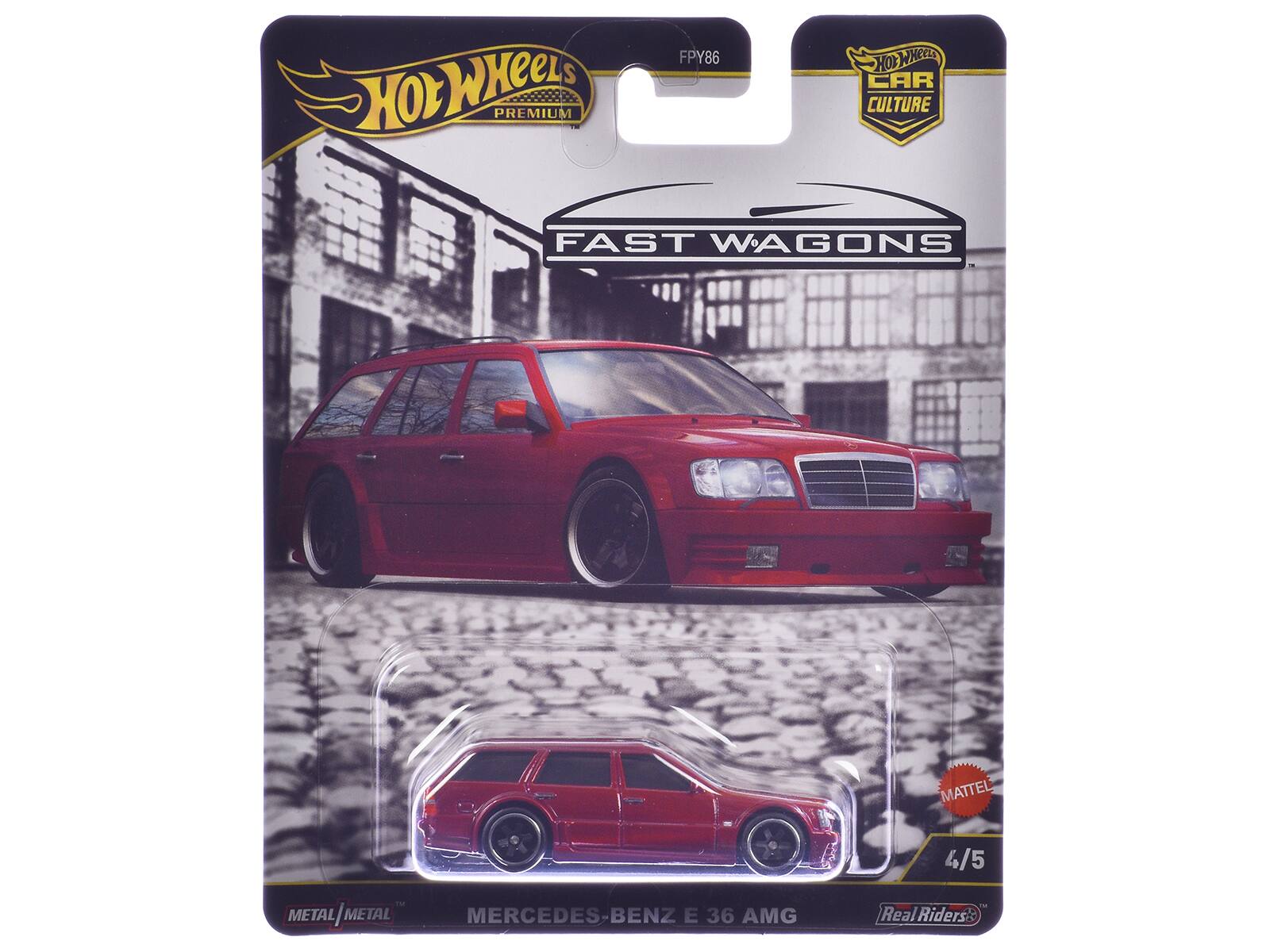 Hot Wheels Premium FPY86  
Hot Wheels Car Culture  
Fast Wagons  
Mattel 4/5  
Metal | Metal  
Mercedes-Benz E 36 AMG  
Real Riders