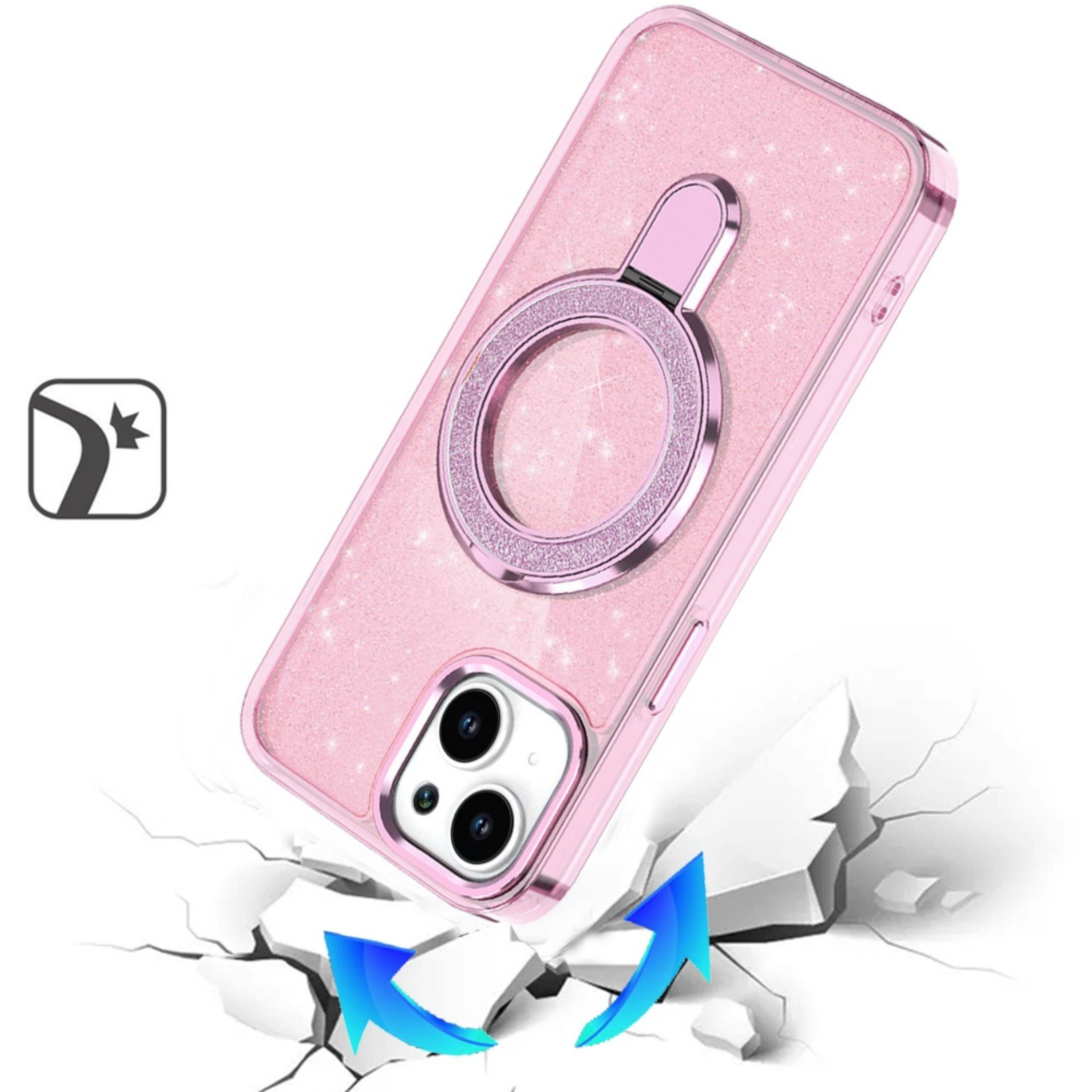 Left. Kitcheniva - Sparkling Glitter Magnetic Circle Cover With 2 Tempered Glass For iPhone 15 Plus Light Pink - Light Pink.
