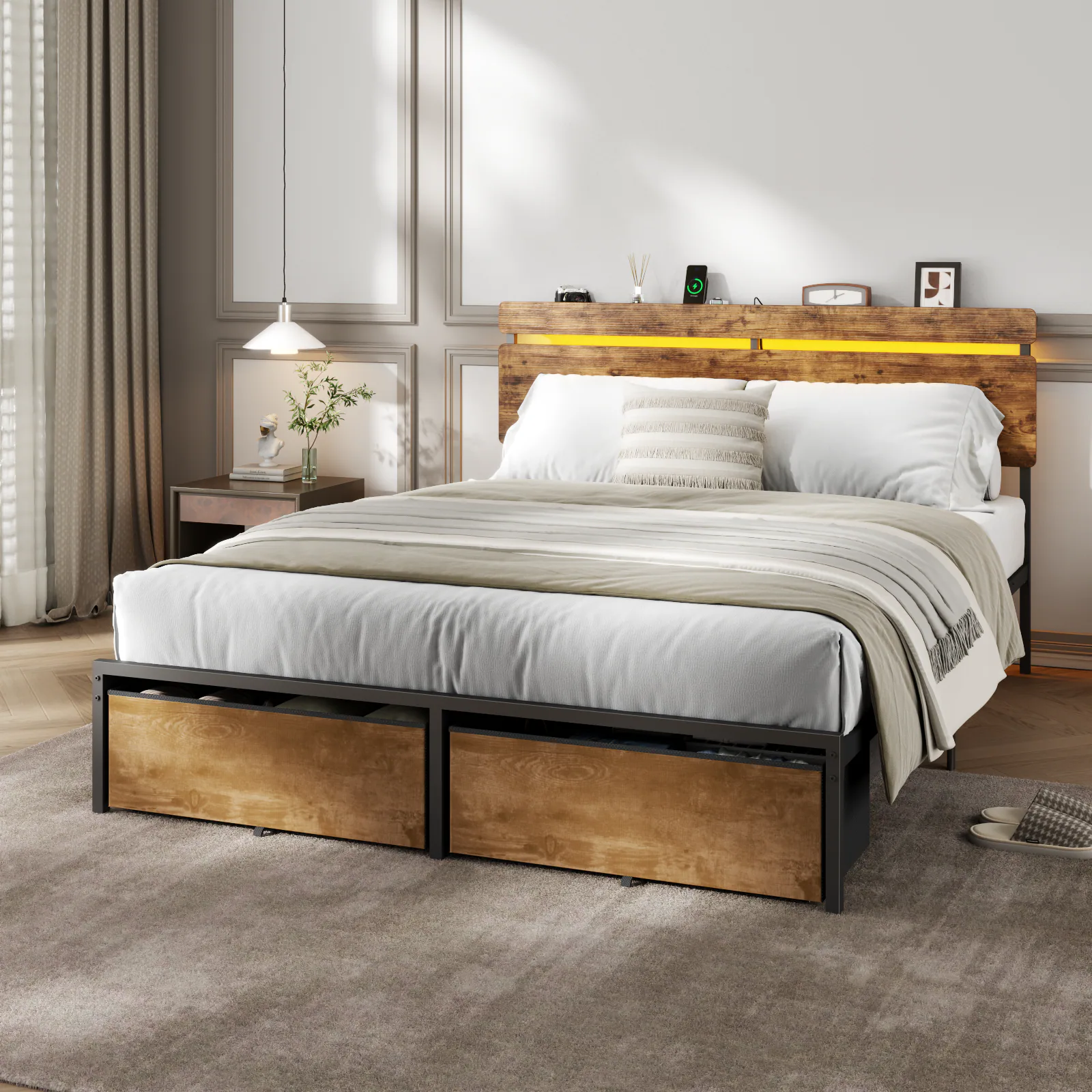 Left. Furnulem - Platform Bed with 2 Drawers and Open Storage Headboard Adjustable LED Light and Charging Station - Brown.