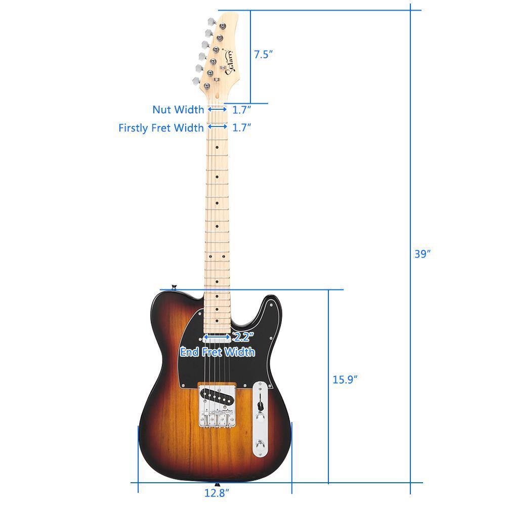 Sure, here is the corrected and grouped text from the image:

- Nut Width: 1.7"
- Firstly Fret Width: 1.7"
- End Fret Width: 2.2"
- Body Length: 39"
- Body Width: 15.9"
- Body Depth: 12.8"
- Neck Length: 20"
- Neck Width: 7.5"