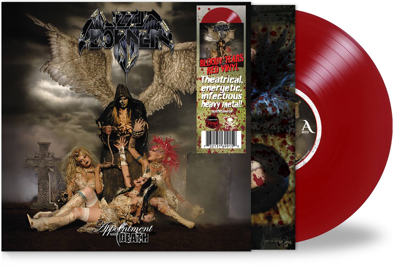 Sure, here is the corrected and grouped text from the image:

---

**ZZENROTTEN**

**BLOODY TEARS RED VINYL**

Theatrical, energetic, infectious heavy metal!

**nolifetilmetal**

**Limited Red Vinyl Edition**

**Appealment with DEATH**

**A**

**SPVOT2 7 32131 69915 9**

**7 32131 69915 9**

---

This text is organized based on the layout and content visible in the image.