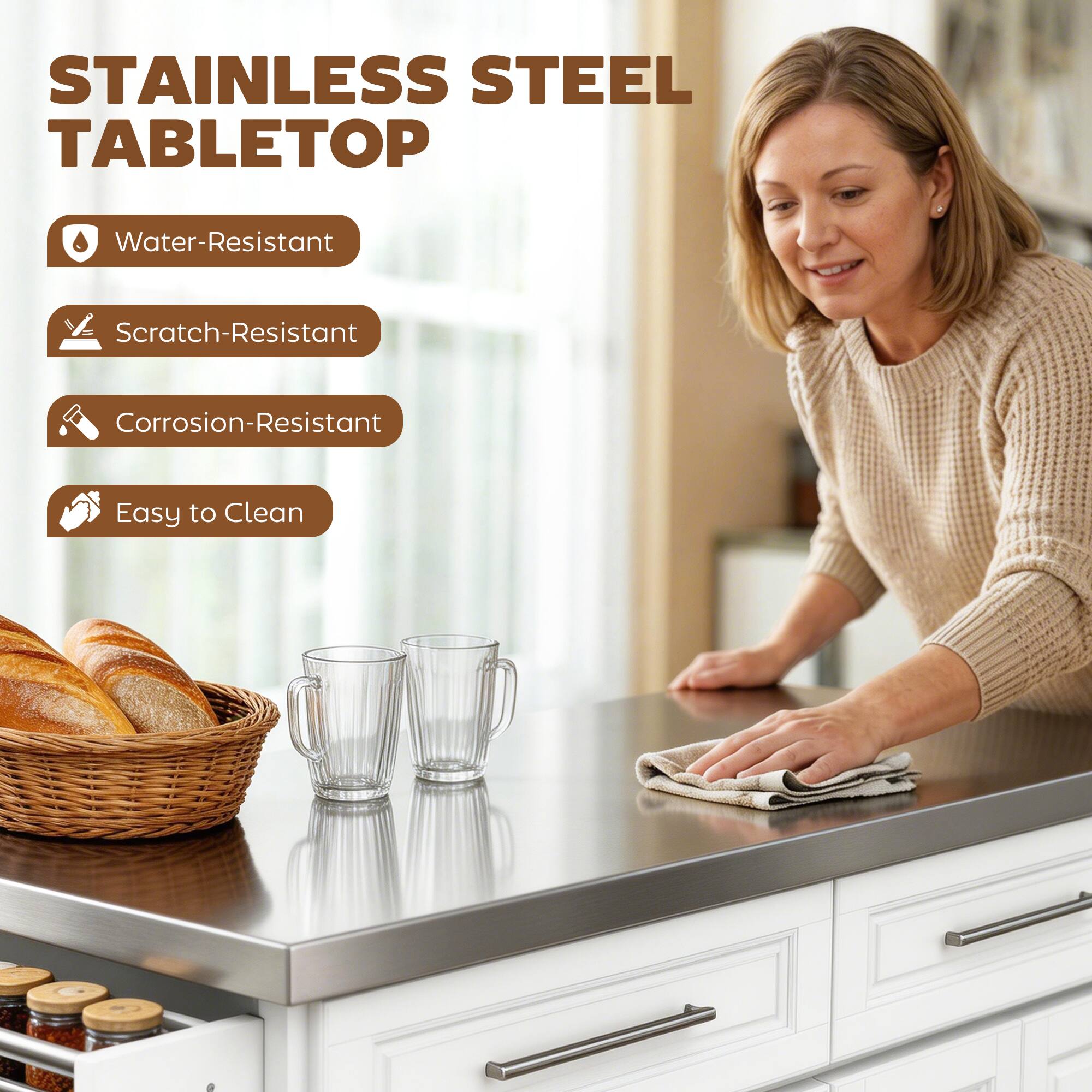 STAINLESS STEEL TABLETOP

- Water-Resistant
- Scratch-Resistant
- Corrosion-Resistant
- Easy to Clean