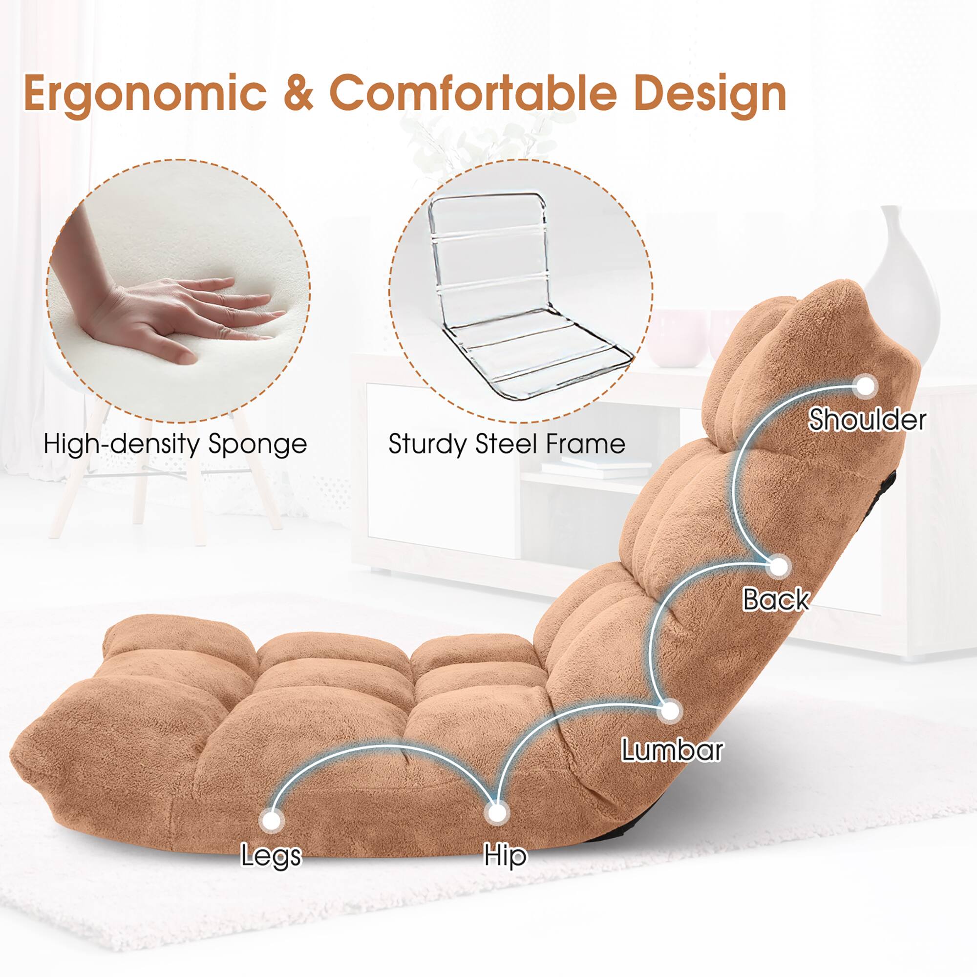 Ergonomic & Comfortable Design

- High-density Sponge
- Sturdy Steel Frame
- Shoulder
- Back
- Lumbar
- Hip
- Legs