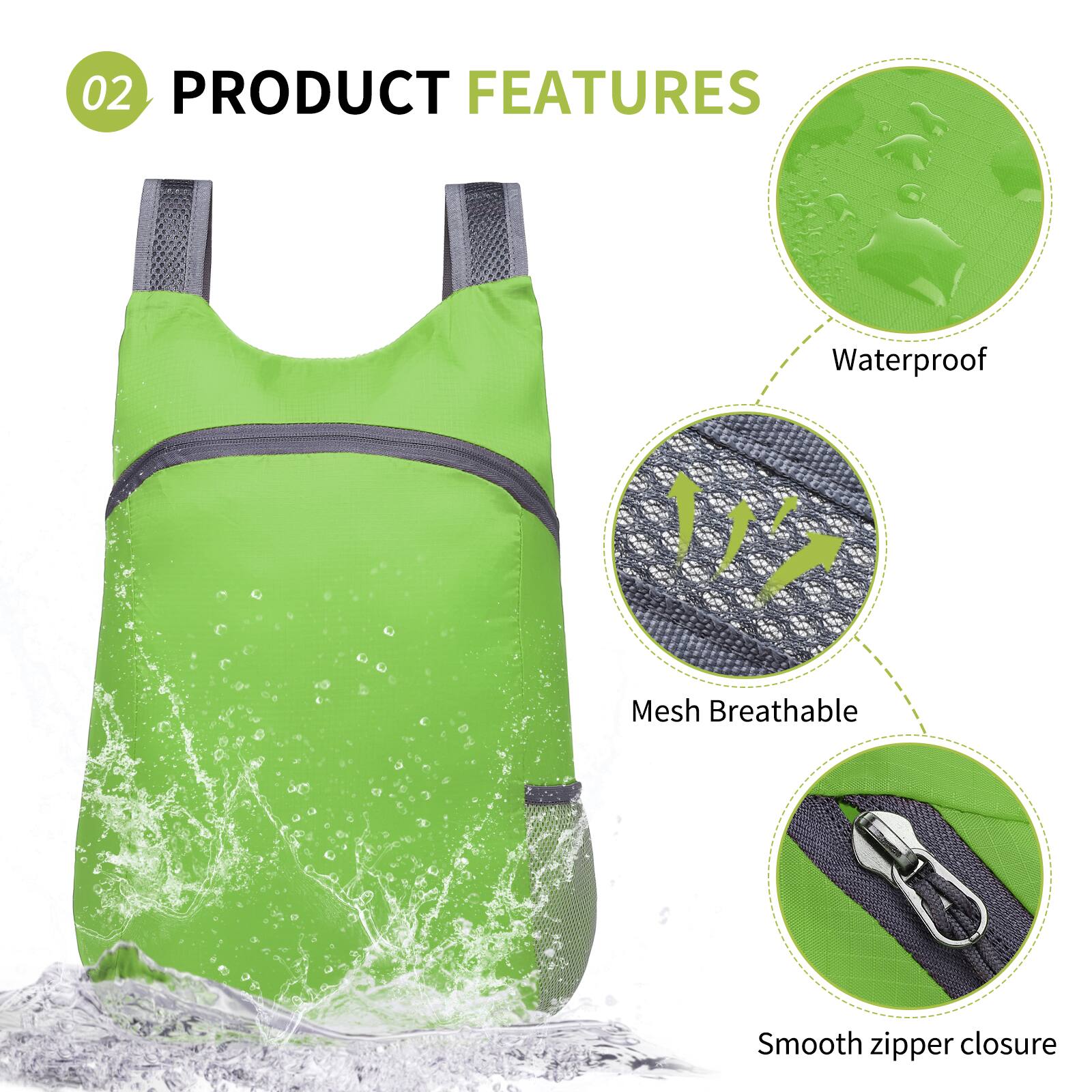 02 PRODUCT FEATURES

- Waterproof
- Mesh Breathable
- Smooth zipper closure
