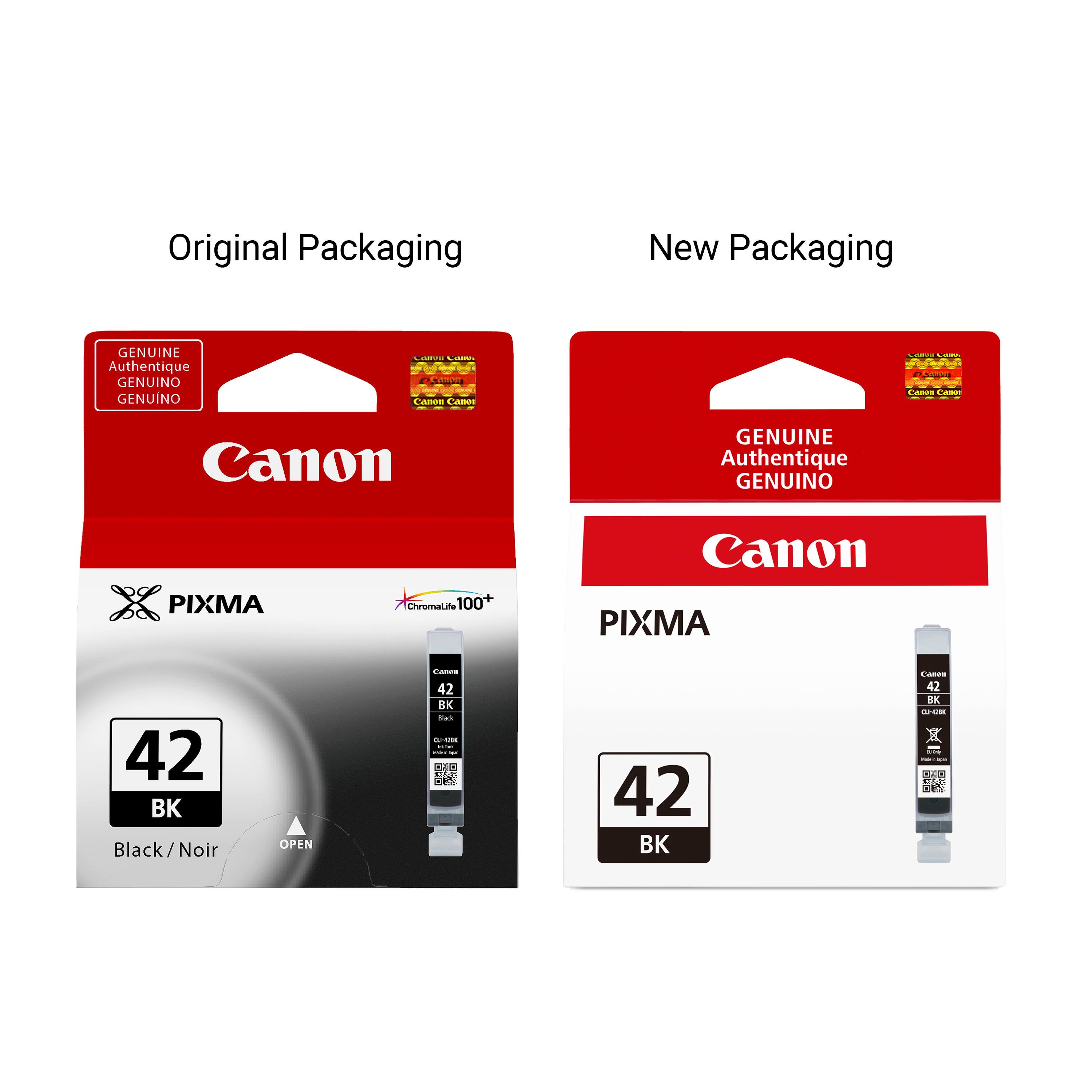 Original Packaging
New Packaging
GENUINE Authentique GENUINO GENUNO
Camini Com 25mga Canon 
Calorie Comments Camon Caner
Canon
GENUINE Authentique GENUINO
PIXMA
ChromaLife 100+
Canon PIXMA
42 BK Black /Noir
OPEN
Canon 42 BK Black 01-4200 - See - cape
42 BK
CANON 42 BK  2019 - - DIG DES