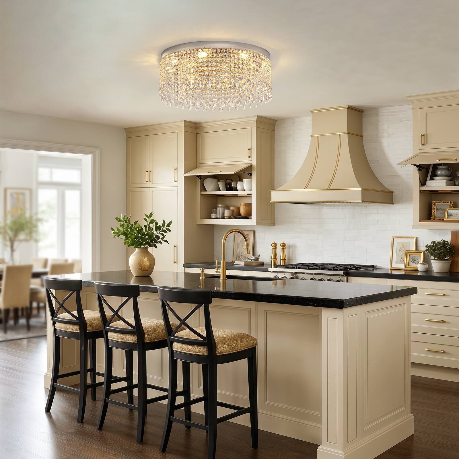 Back. Siljoy - 24 Inch Round Gold Flush Mount Crystal Ceiling Light, Luxury Raindrop Crystal Chandelier for Living Room Bedroom - Gold.