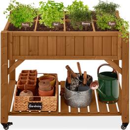 Best Choice Products - Elevated Mobile Pocket Herb Garden Bed Planter w/ Lockable Wheels, Storage Shelf - Acorn Brown
